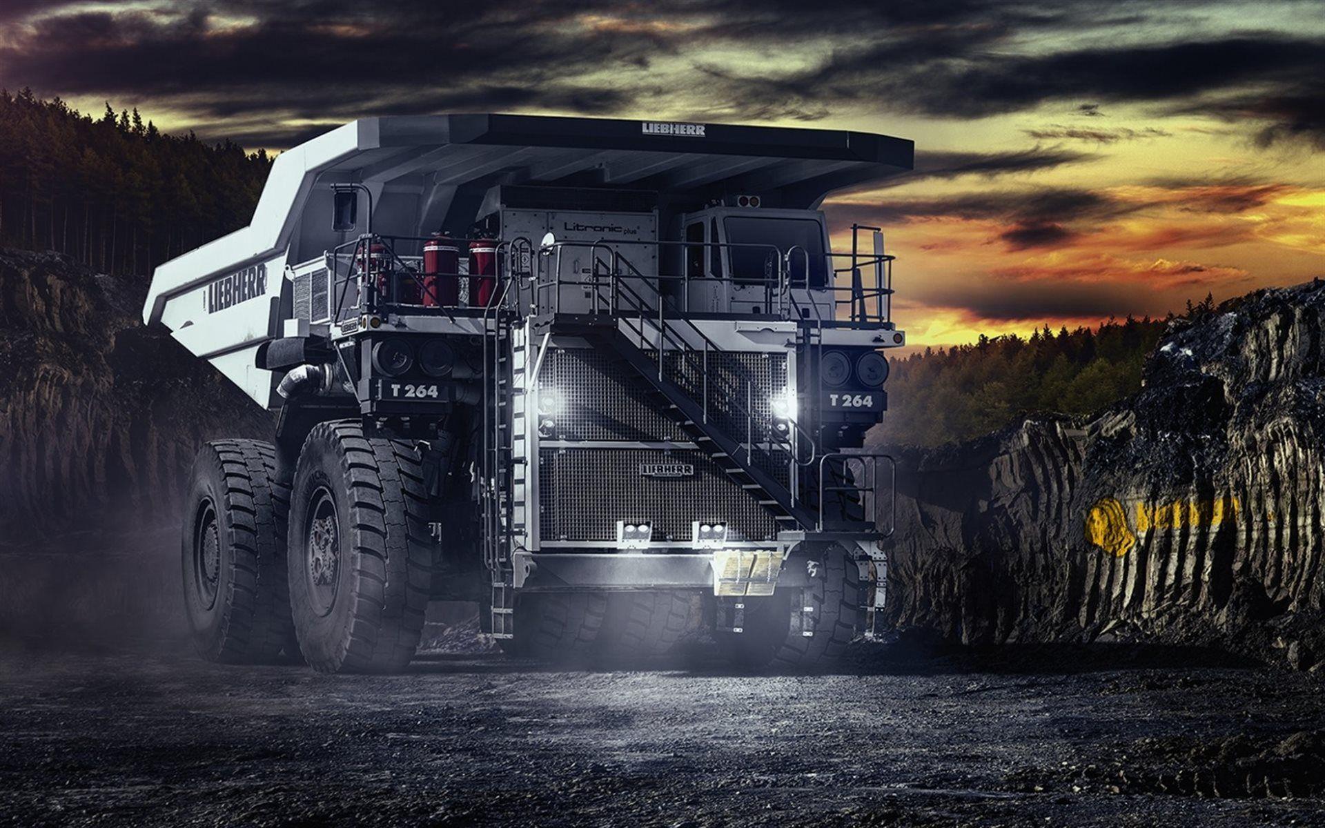 1920x1200 Download wallpaper night, big truck, Liebherr T trucks, dumper, heavy machinery for desktop with resolution 1920x1200. High Quality HD picture wallpaper