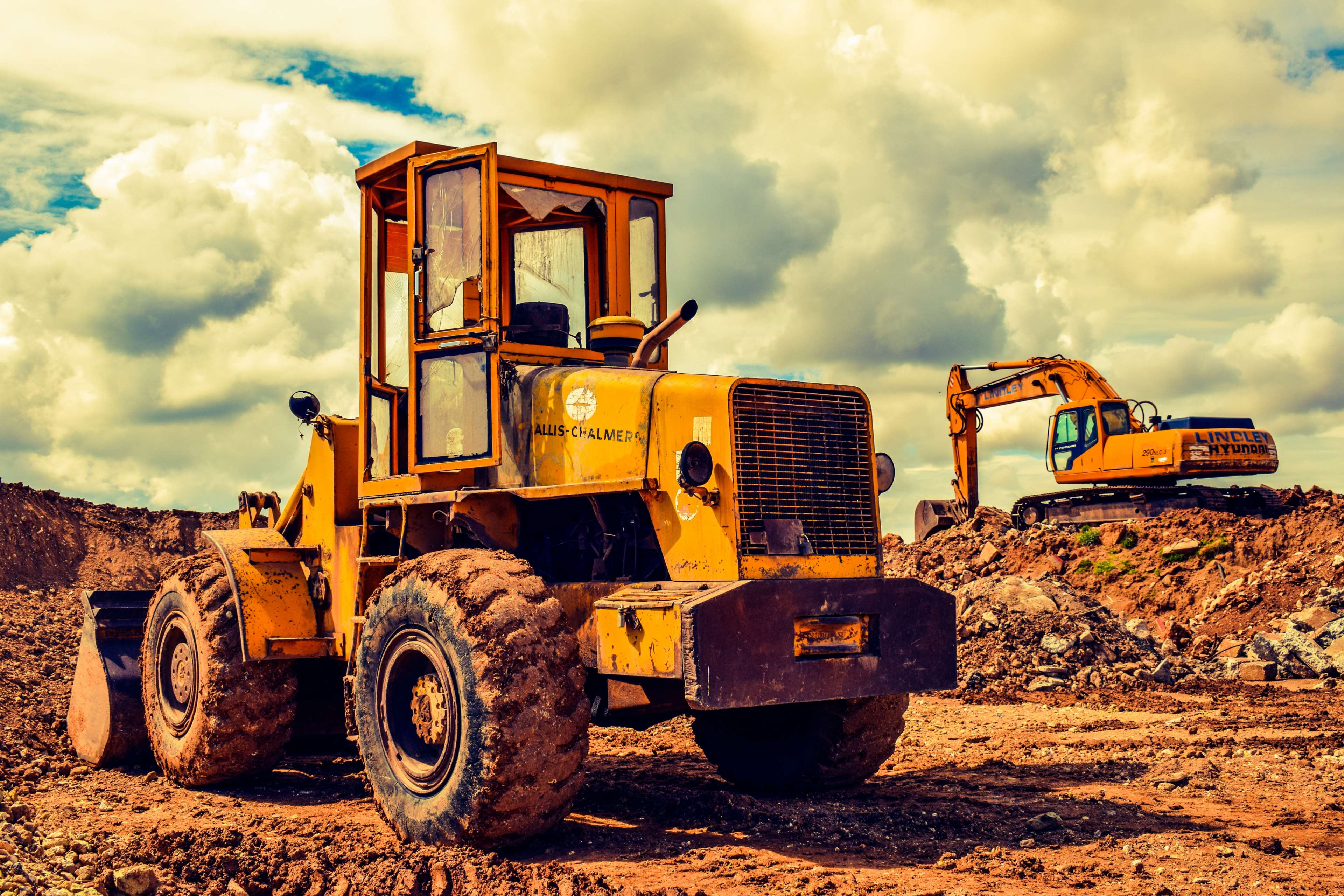 3840x2560 bulldozer, debris, equipment, excavator, heavy machine, machinery, vehicle, yellow 4k wallpaper