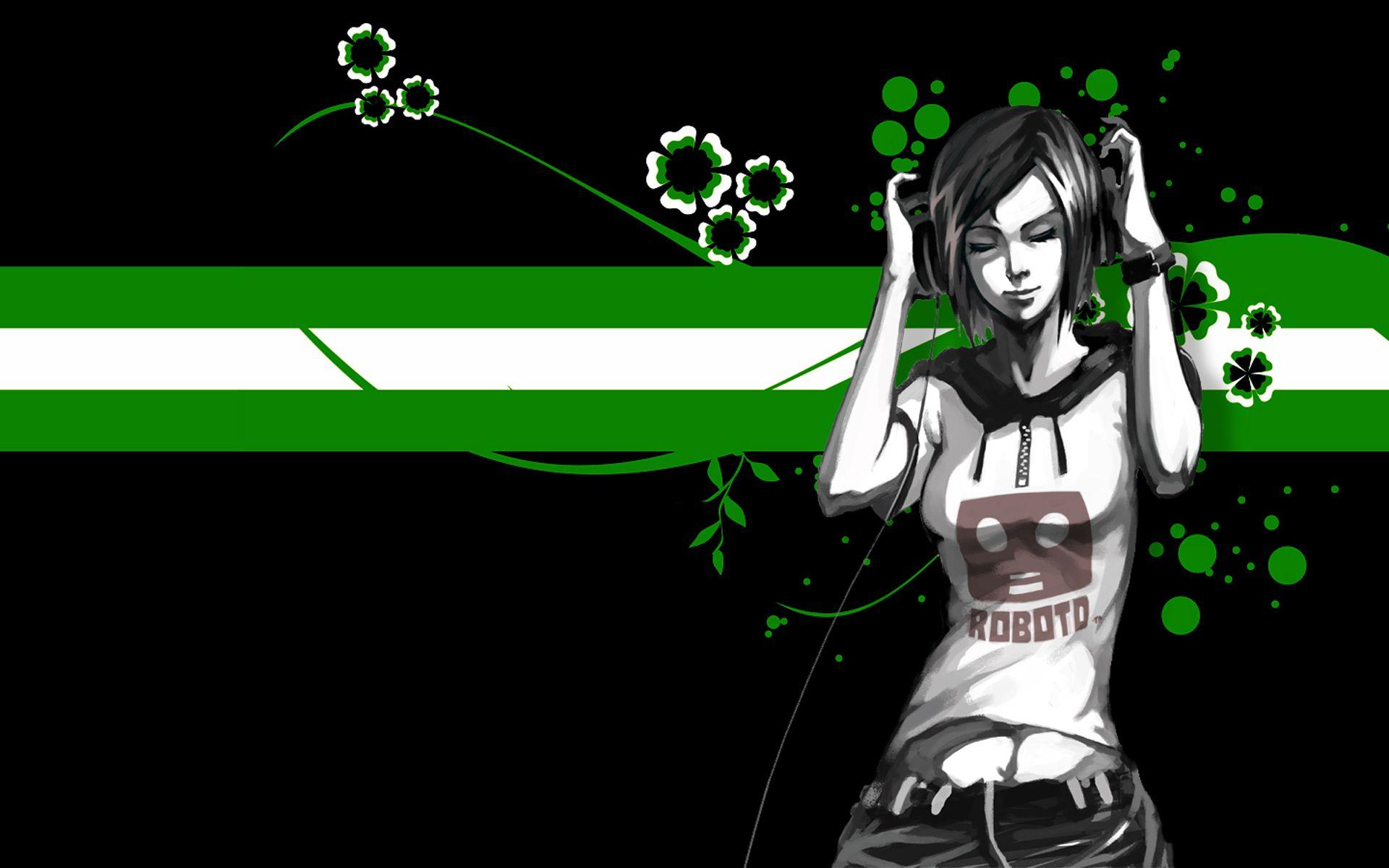 1920x1200 green, women, abstract, headphones girl wallpaper