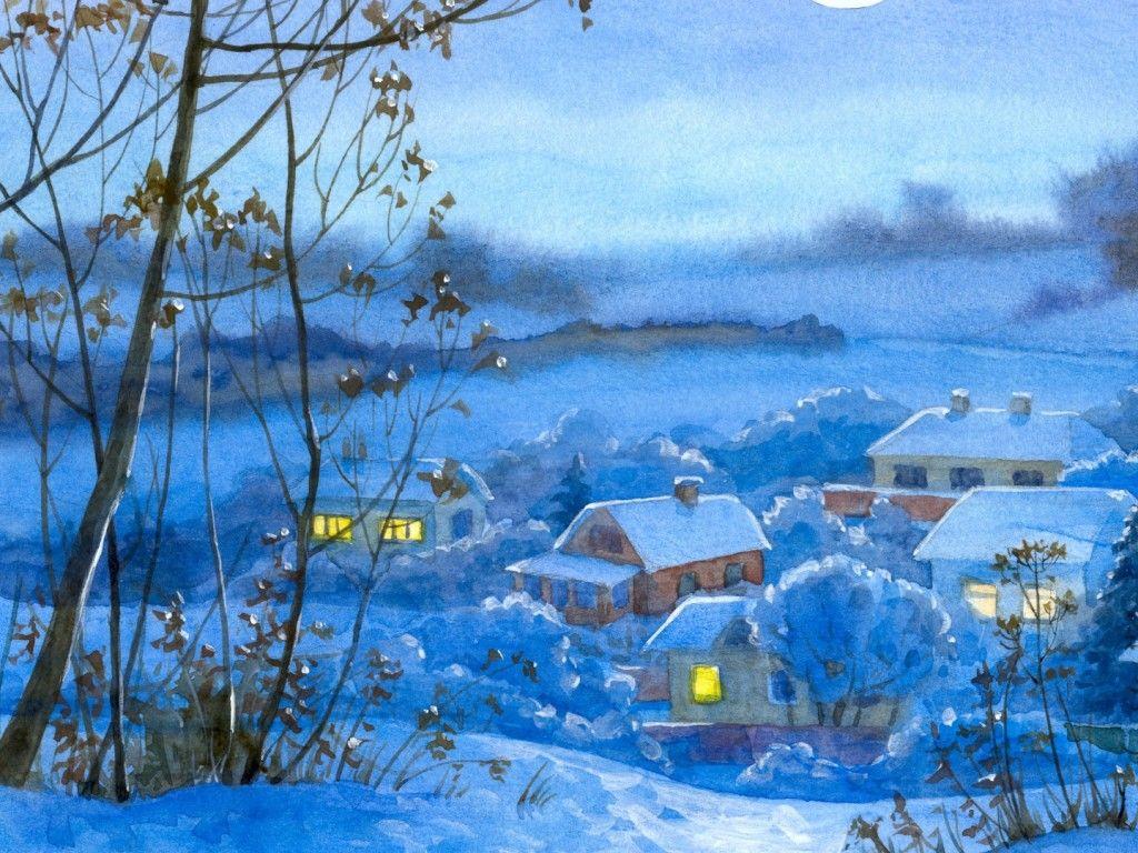 1024x768 painting winter village HD Wallpaper