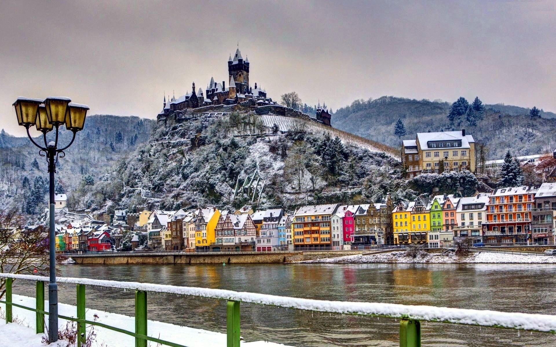 1920x1200 Houses: Snow Hill Castle Winter River Village Wallpaper Picture HD