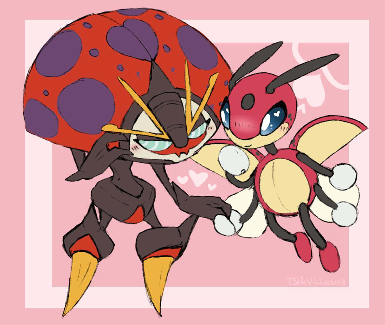 1239x1044 Download Orbeetle and Ledian in Vibrant Action Wallpaper