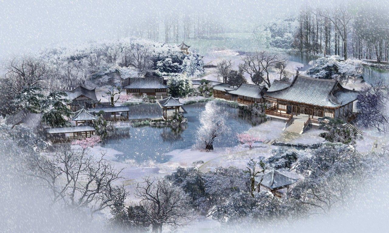 1280x768 Houses: Japanese Village Winter City Beautiful Snow Frozen Trees