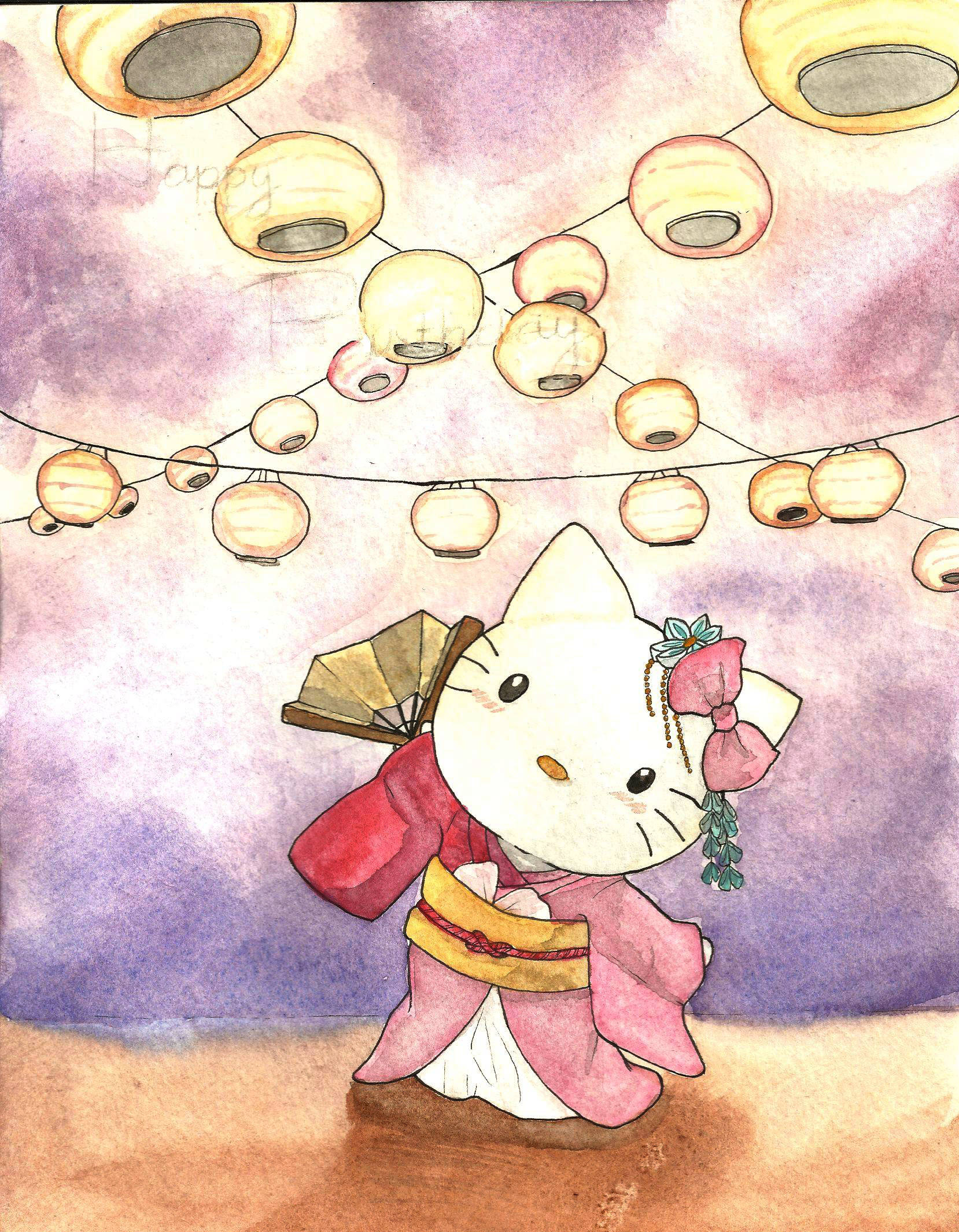 1658x2130 Download Kimono Hello Kitty PFP Watercolor Illustration Wallpaper