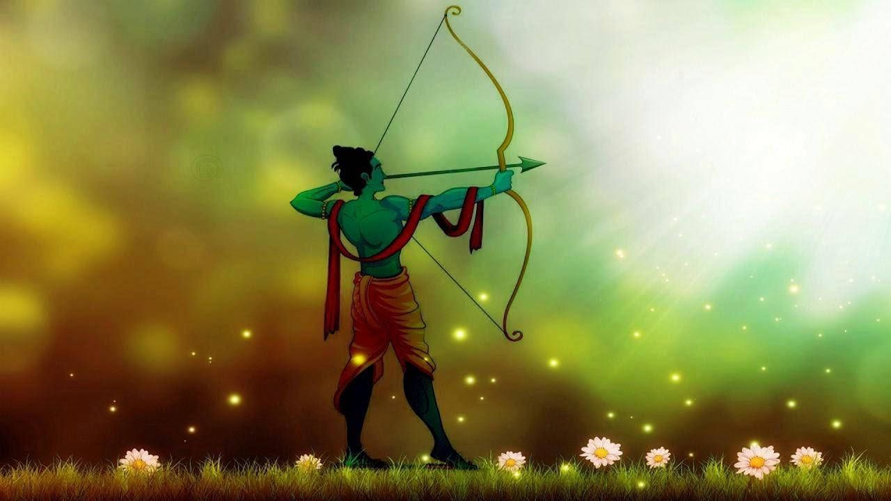 1280x720 Download Jai Shri Ram Rama Aiming Bow And Arrow Wallpaper