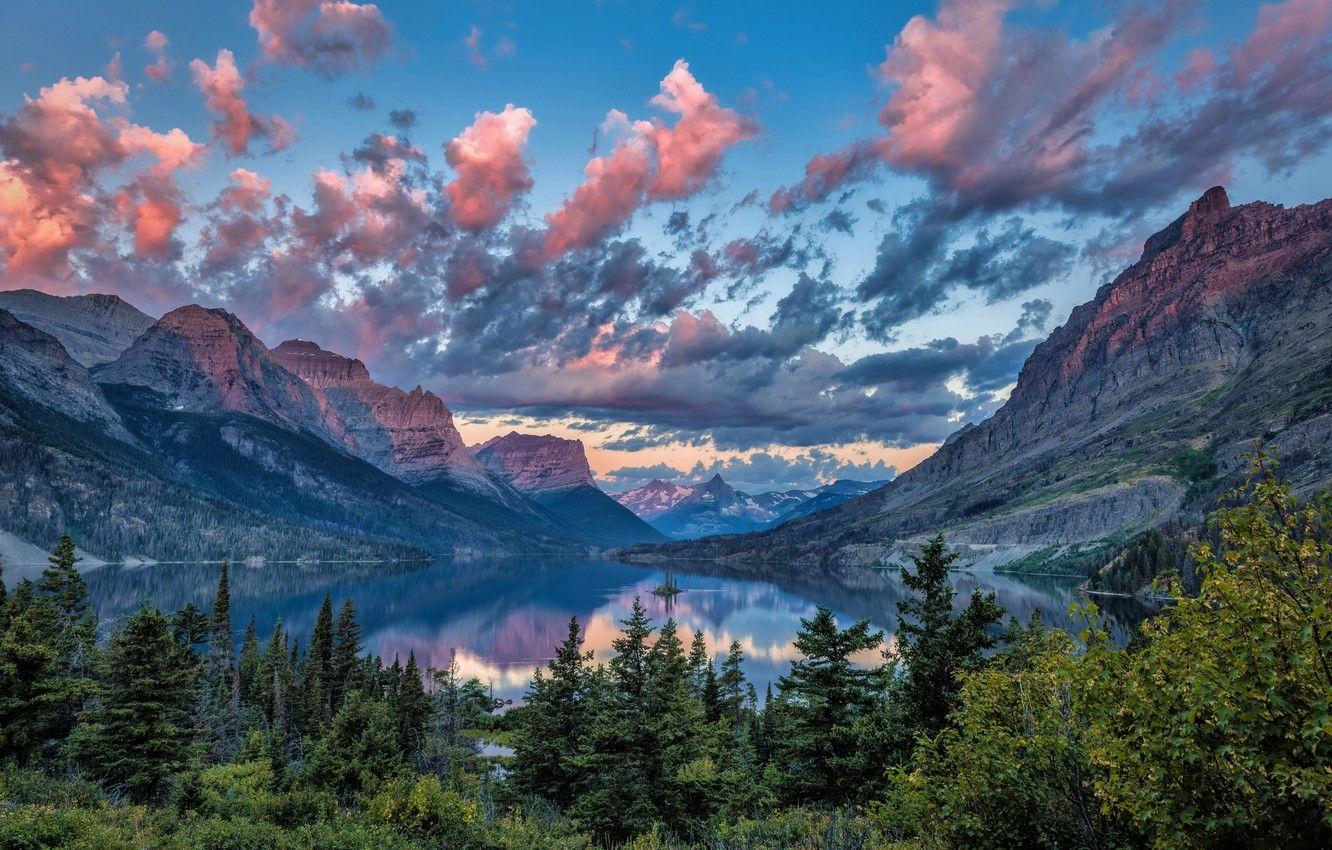 1332x850 Wallpaper mountains, lake, island, Montana, USA, Saint Mary Lake, Wild Goose Island, glacier national Park, Wild Goose image for desktop, section пейзажи