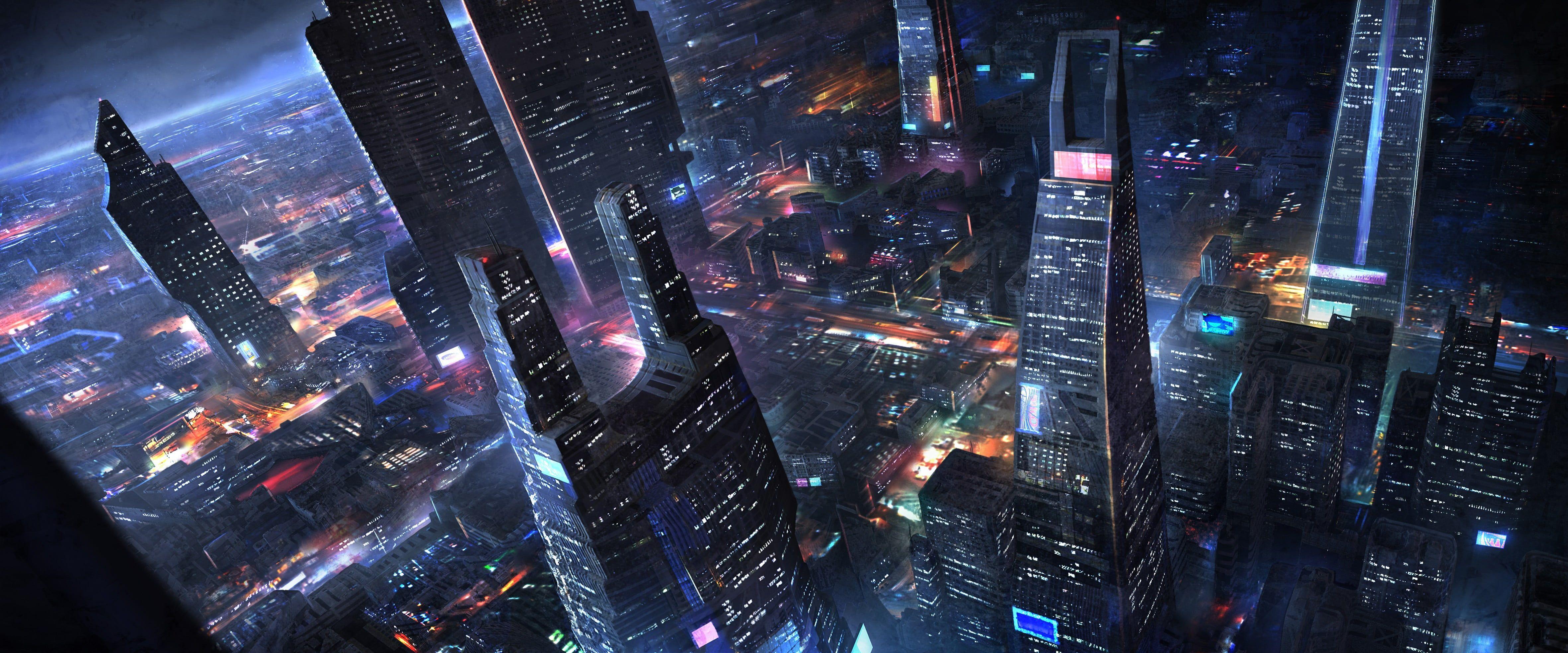 4724x1967 city building wallpaper science fiction futuristic city #artwork #futuristic #cityscape bird's eye view #night K #wa. City artwork, Futuristic city, Sci fi city