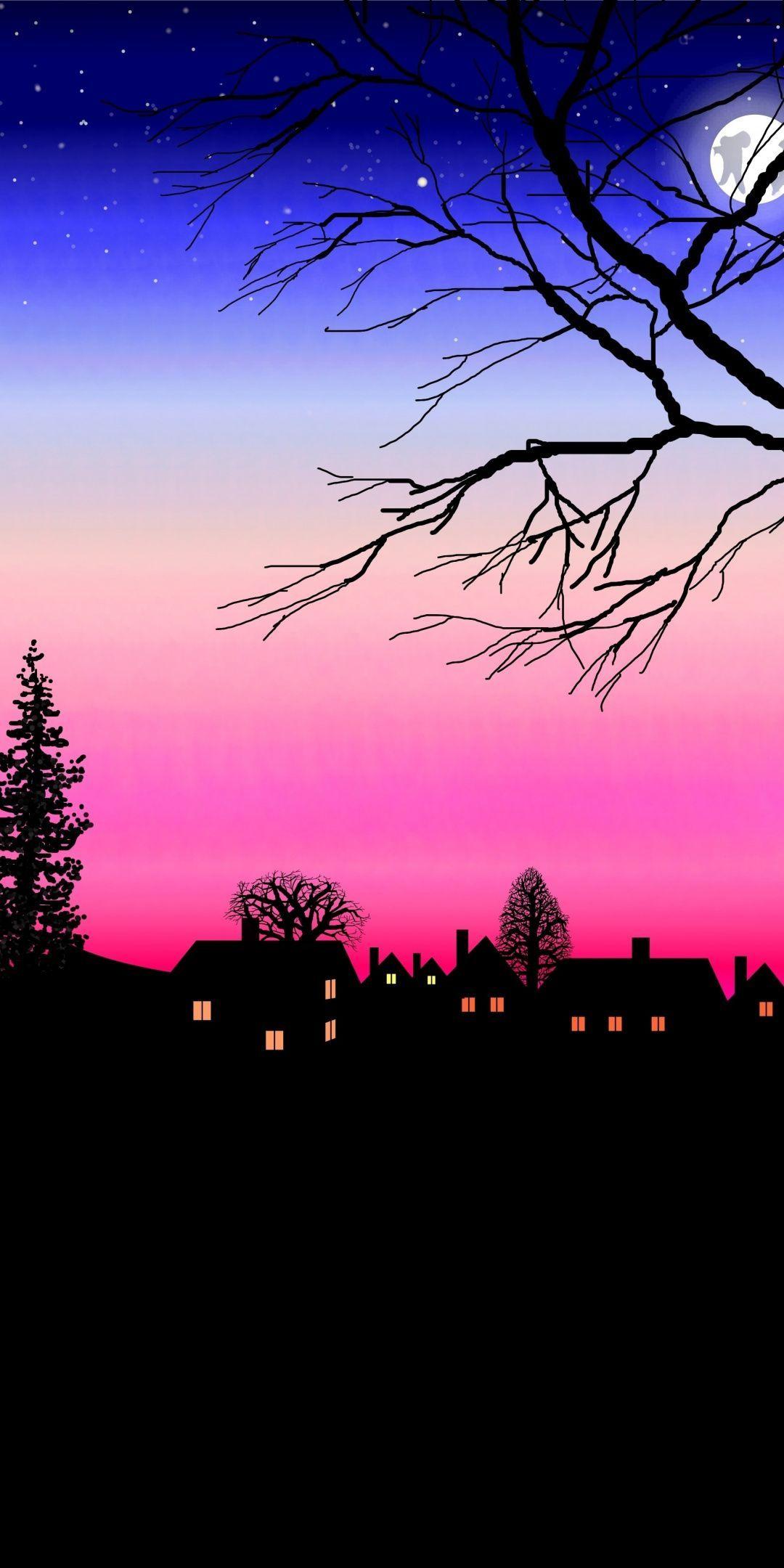 1080x2160 Afterglow, night, silhouette, house, tree, 1080x2160 wallpaper. Night sky wallpaper, Scenery wallpaper, Nature iphone wallpaper