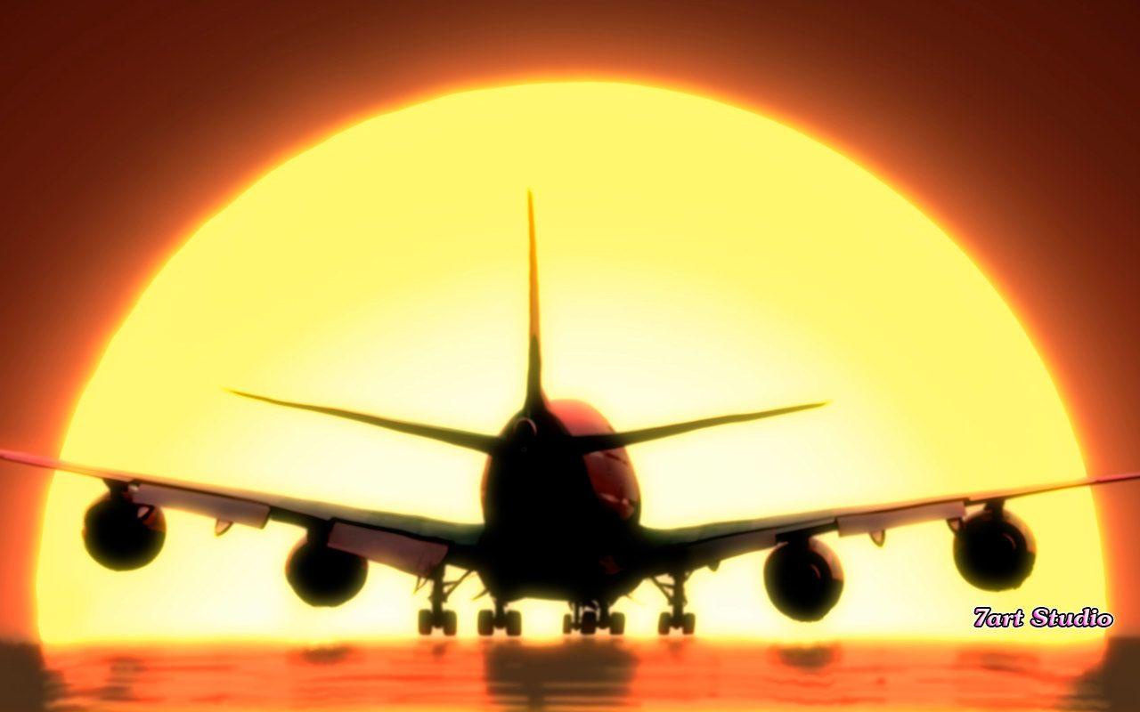 1280x800 Airplane Landing In The Sunset