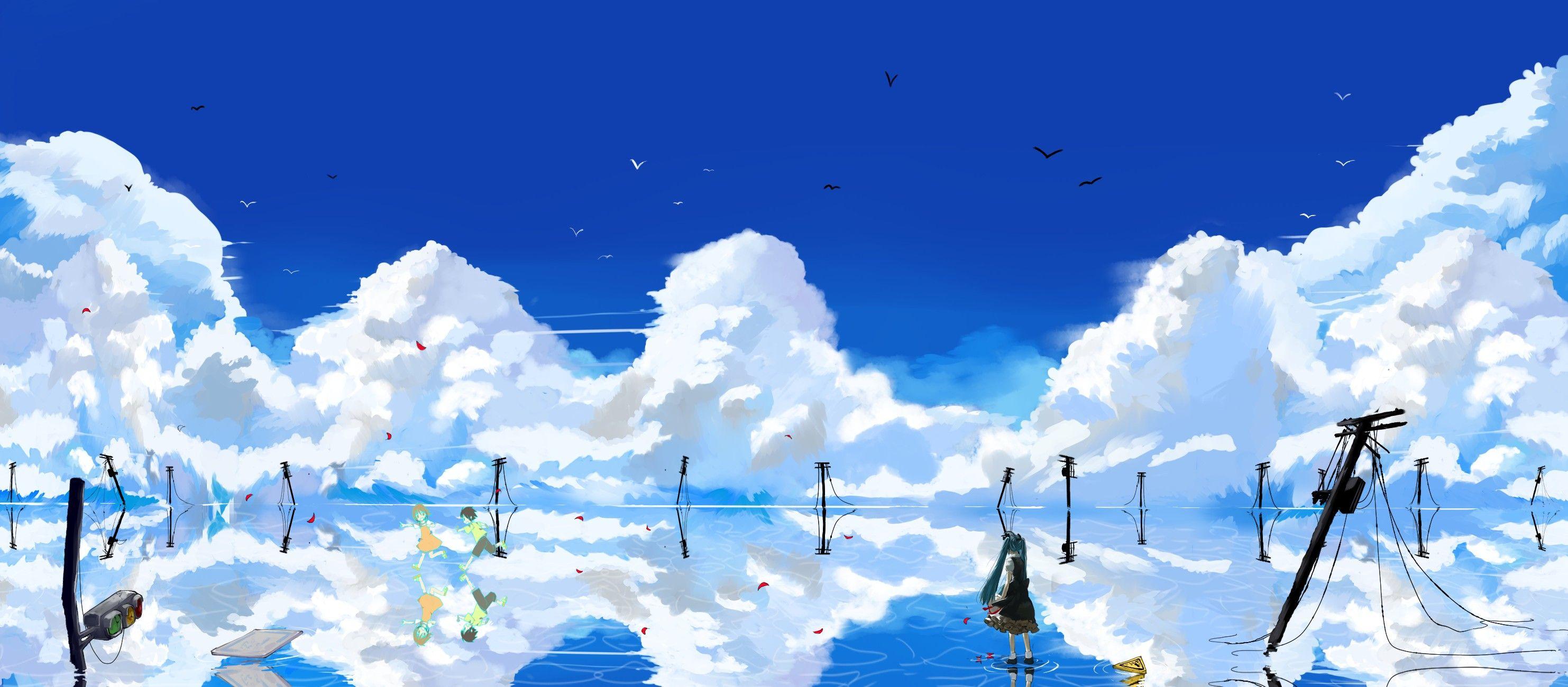 2965x1300 water, Abstract, Blue, Clouds, Landscapes, Vocaloid, Hatsune, Miku, Fantasy, Art, Twintails, Anime, Run, Reflections, Anime, Girls, Blue, Skies Wallpaper HD / Desktop and Mobile Background