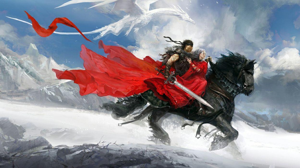 1249x700 Fantasy painting sword dragon ice snow red princes horse mountain
