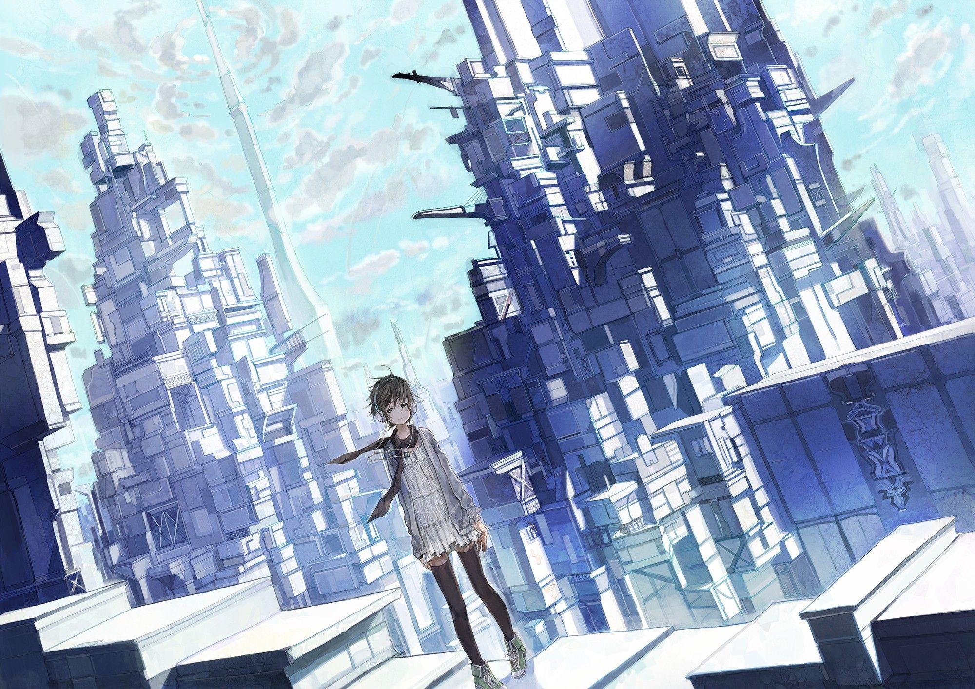 2000x1414 headphones, women, 3D view, scenic, anime, scarfs wallpaper