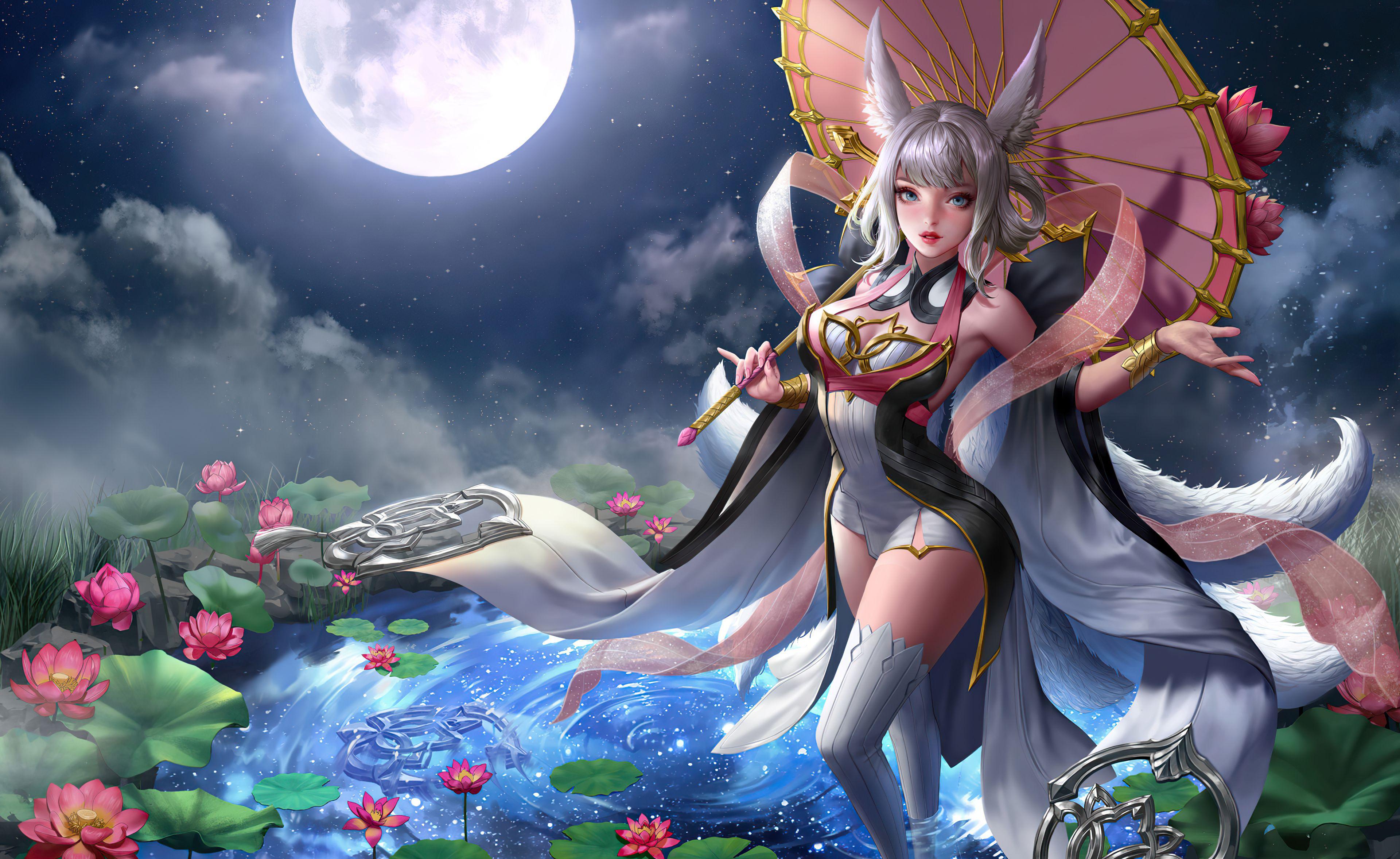3840x2354 Anime Girl Water Lilies Moon 4k, HD Anime, 4k Wallpaper, Image, Background, Photo and Picture