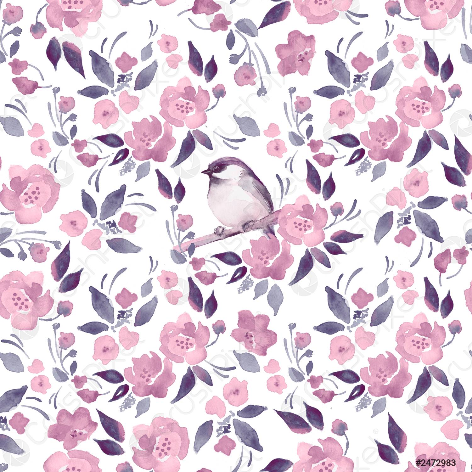 1500x1500 Watercolor floral background with a cute bird Seamless pattern with