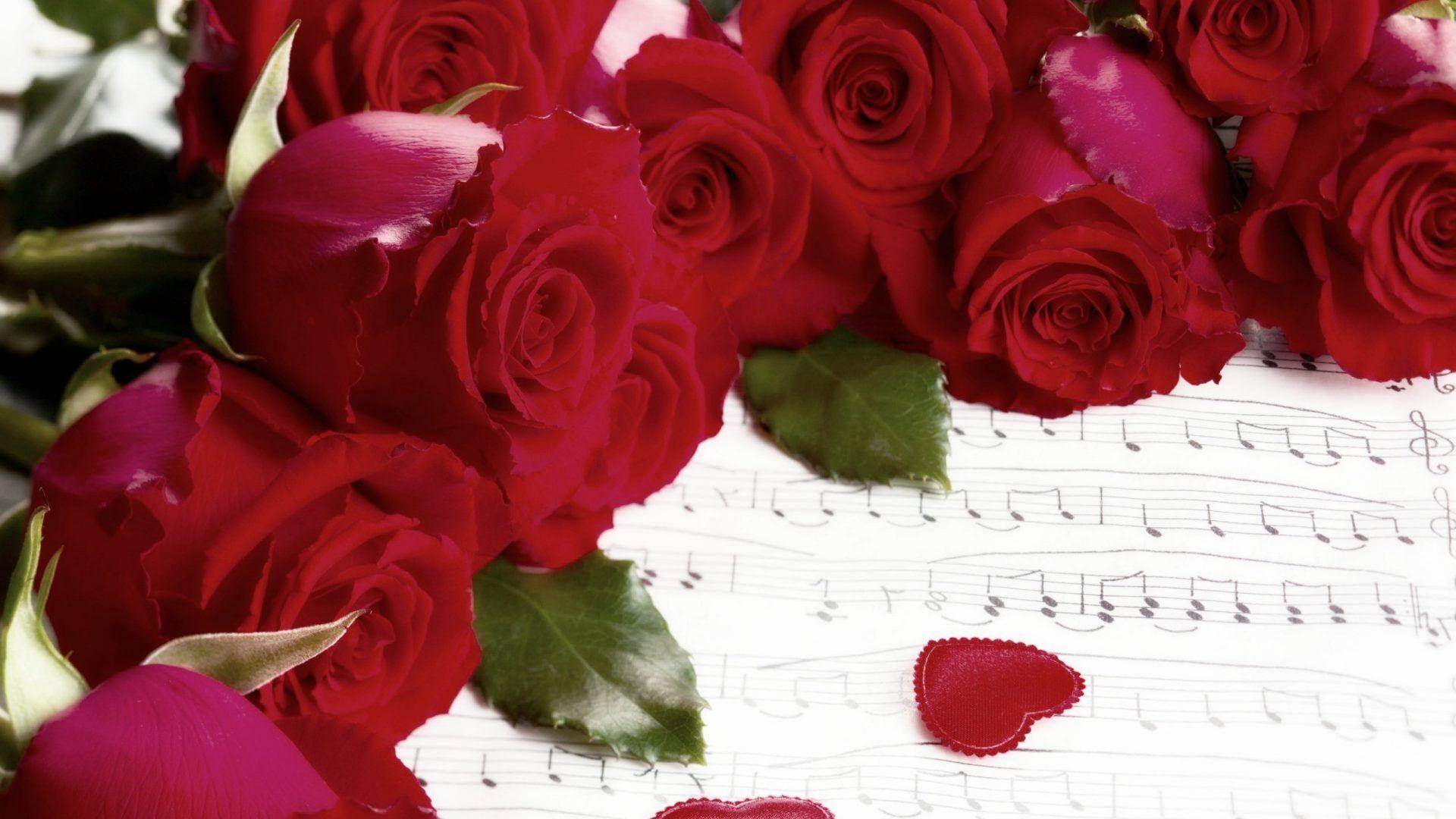1920x1080 Valentine Hearts Notes Music Heart Holiday Red Roses Roses Wallpaper & Background Download