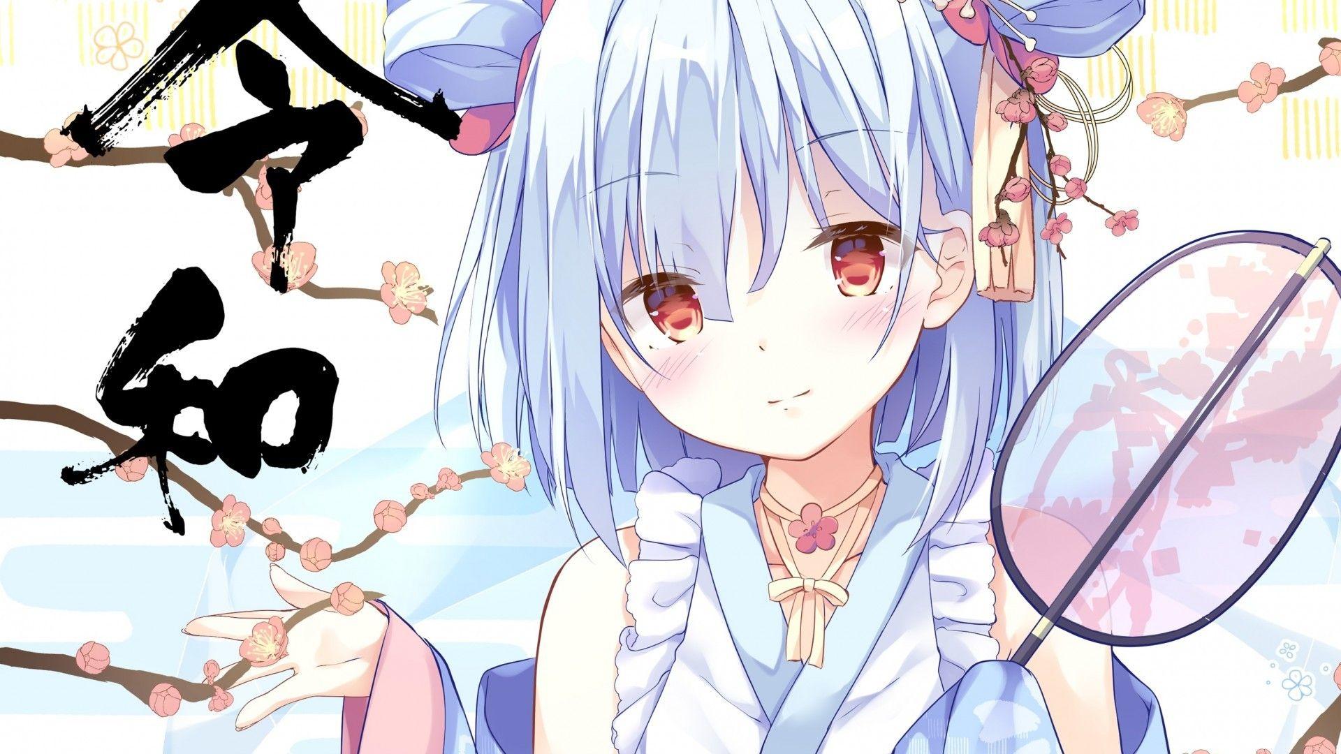 1920x1080 Download 1920x1080 Kimono, Anime Girl, Red Eyes, Loli, Blue Hair Wallpaper for Widescreen