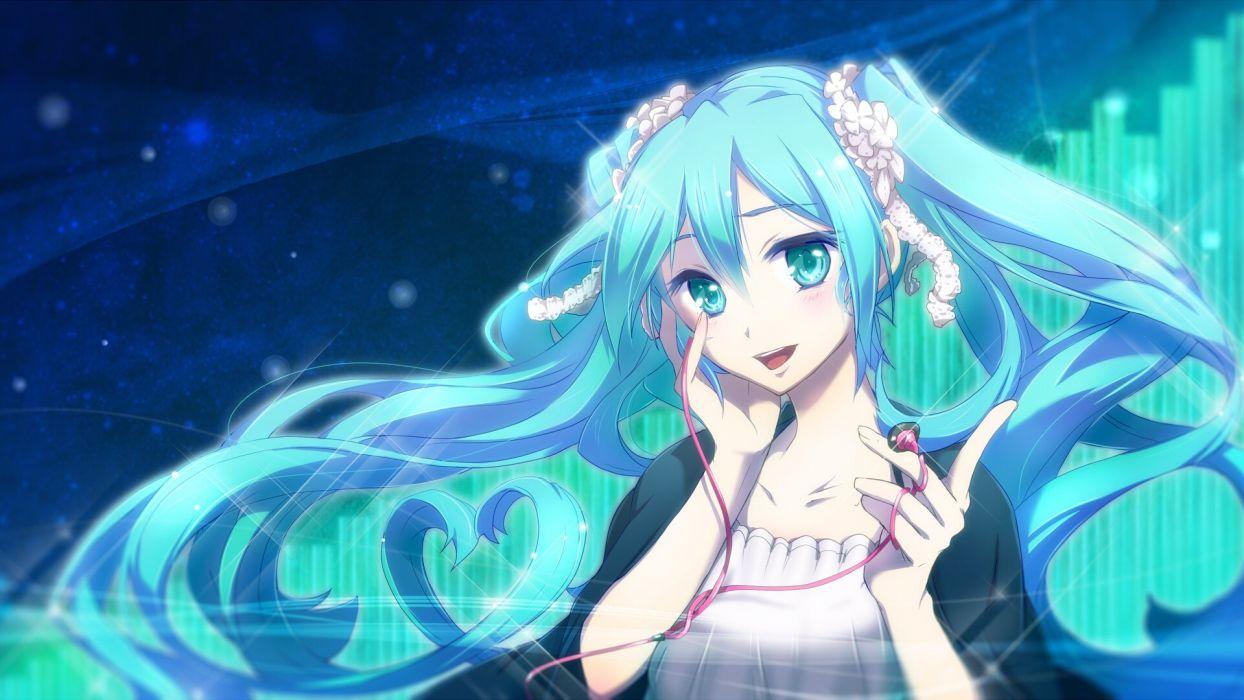 1244x700 Anime girl blue eyes blue hair flower happy headphones long hair twin tails Vocaloid wallpaperx1080