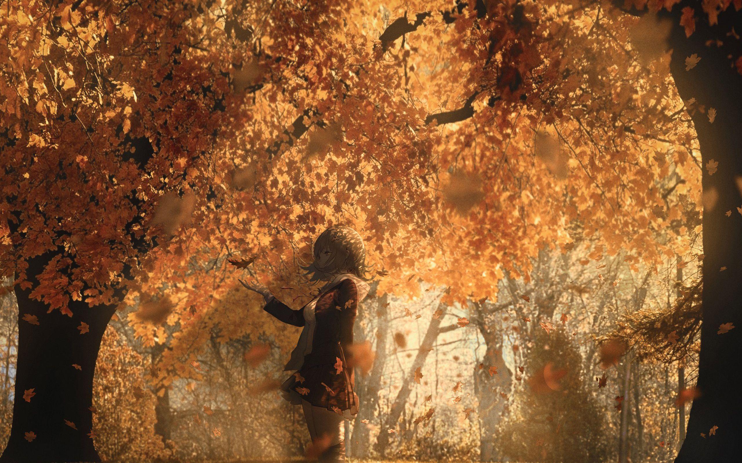 Wallpaper autumn leaves girl trees the way anime art form  schoolgirl kikivi images for desktop section сёдзё  download