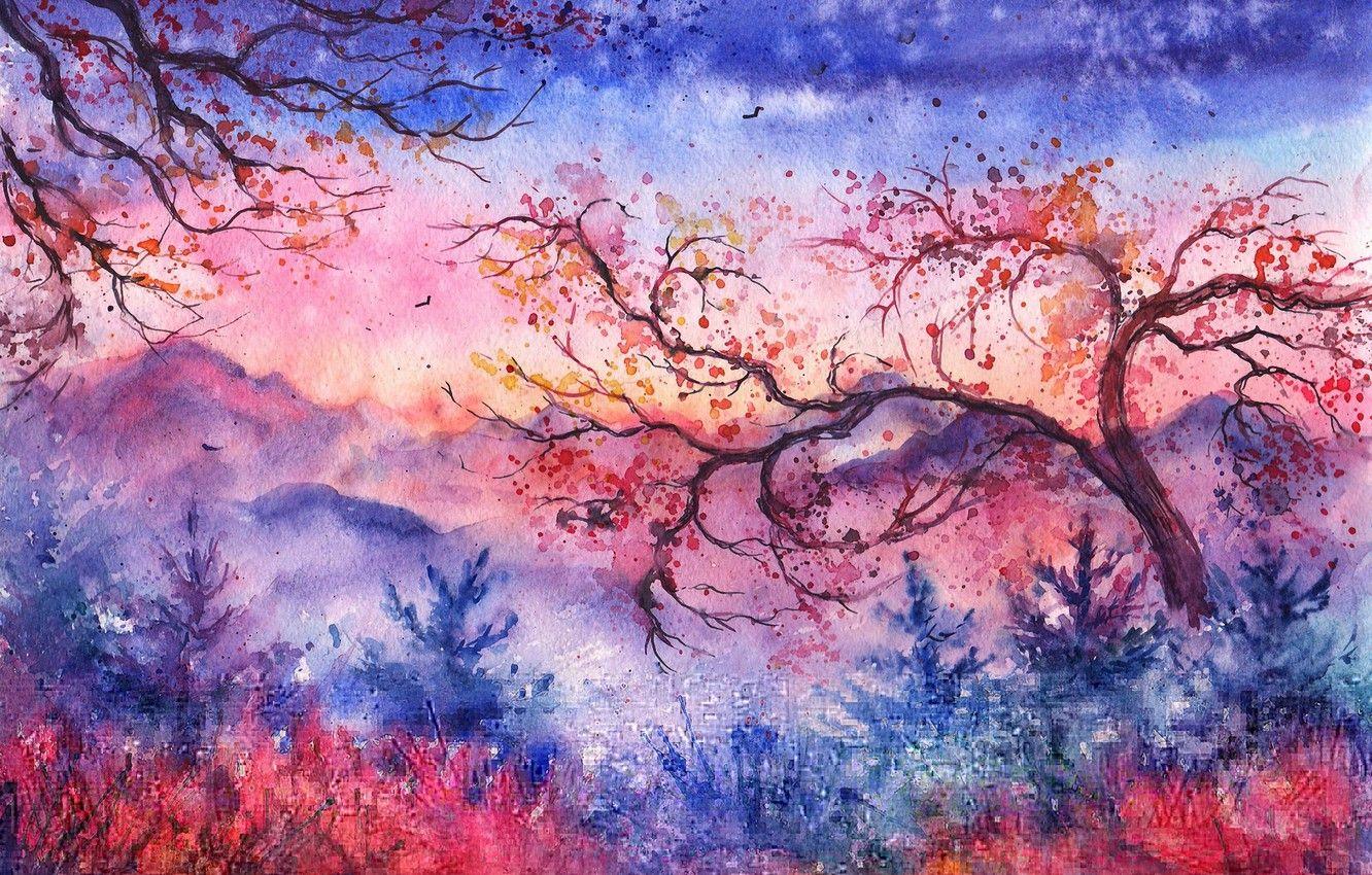 1332x850 Wallpaper trees, sunset, mountains, birds, foliage, the evening, watercolor, tree, painted landscape image for desktop, section живопись