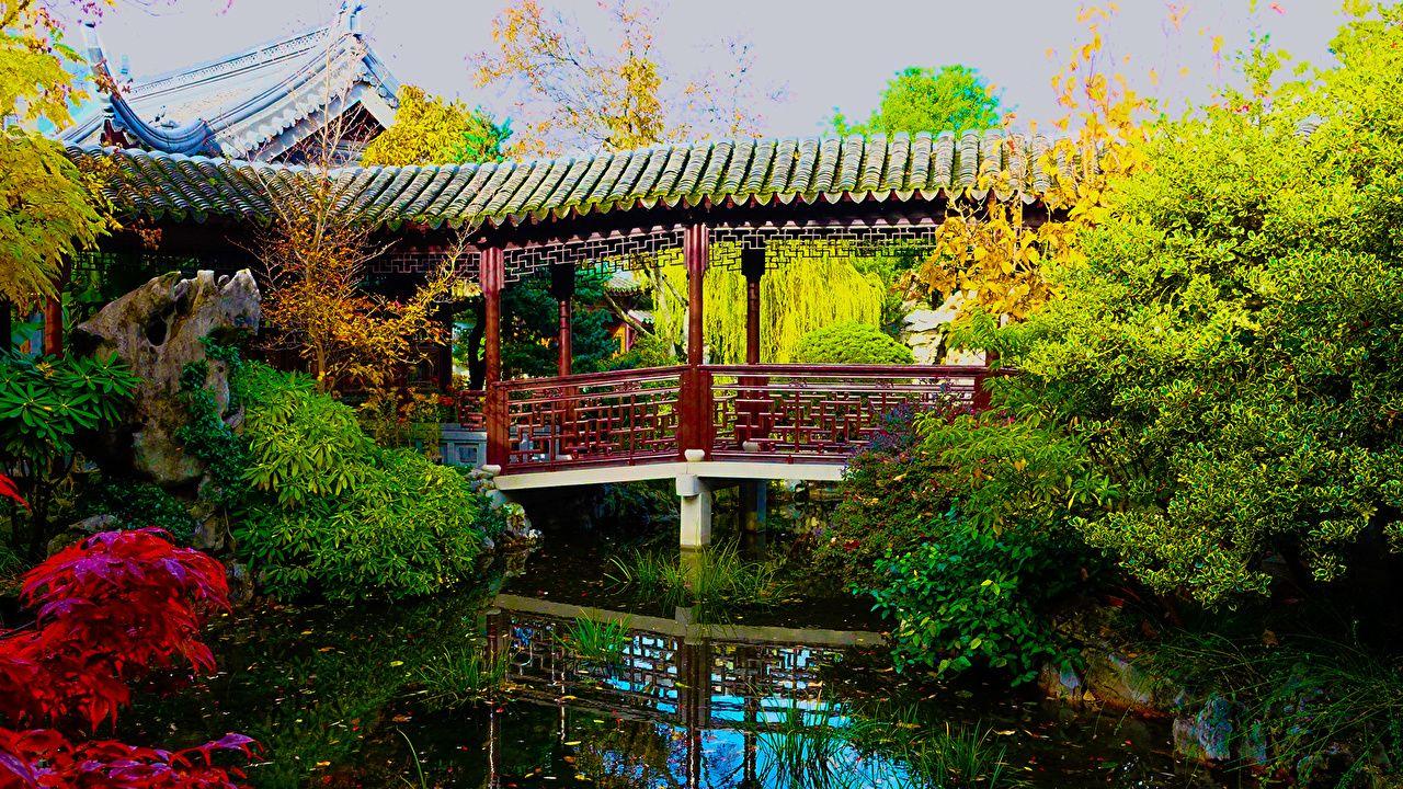 1280x720 Picture USA Chinese Garden Portland Oregon Nature Bridges Pond