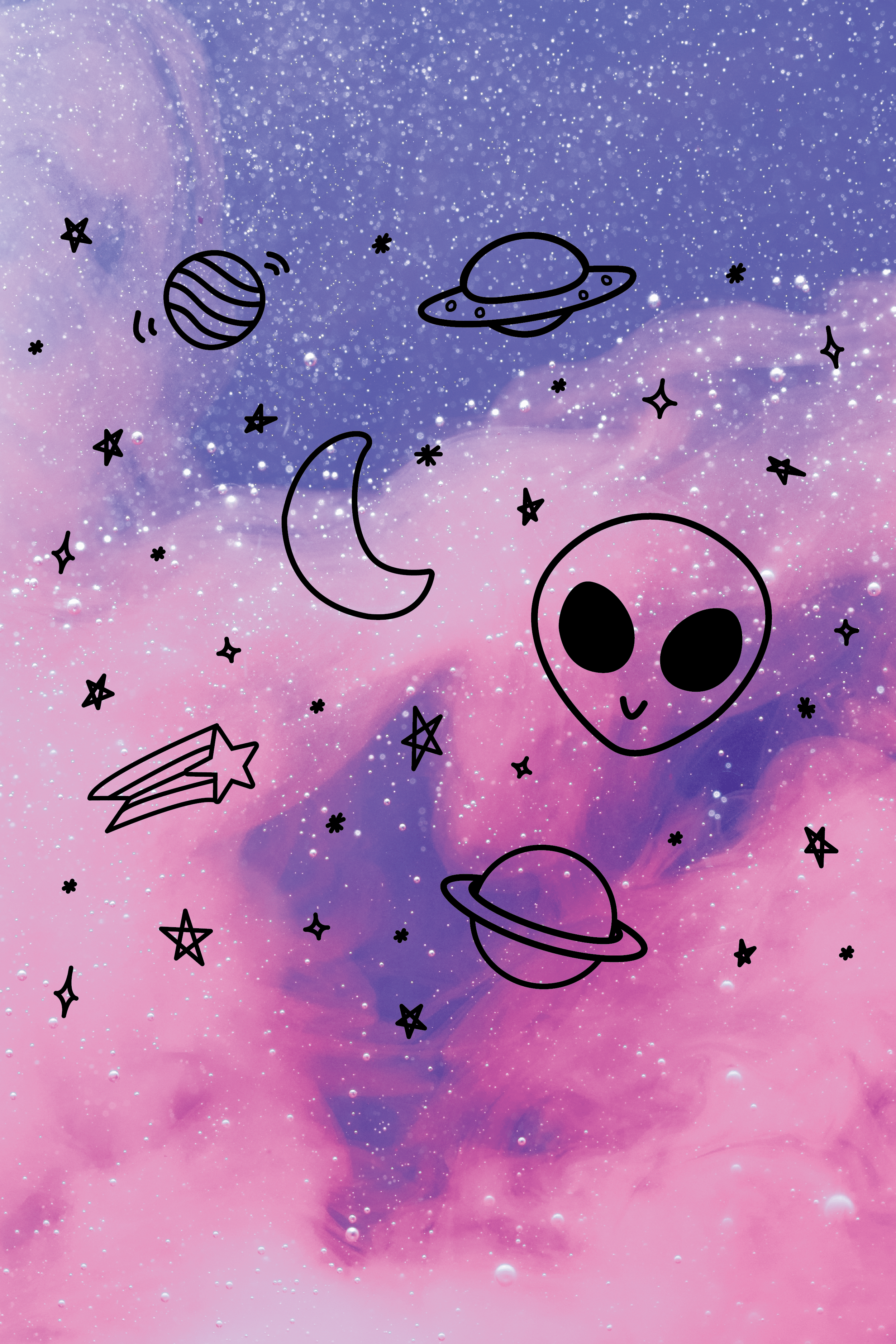 2500x3750 galaxy doodles, space art, cute alien, stars, moon, planets, pink clouds, cute doodles, astronomy. iPhone wallpaper pattern, Galaxy wallpaper iphone, Space art