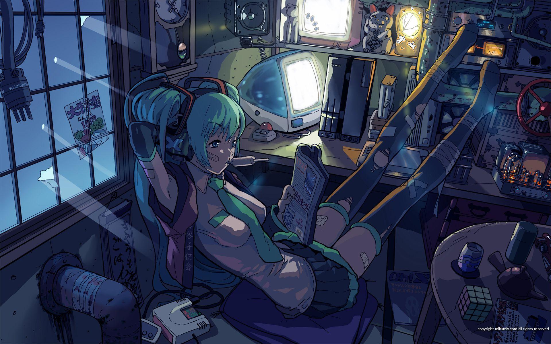 1920x1200 bandaid computer hatsune miku headphones ice cream mikumix night