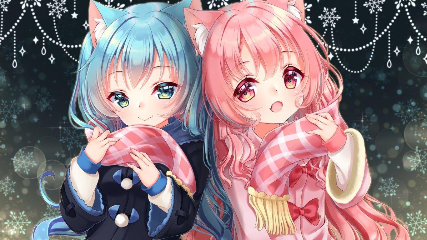 1366x768 Download 1366x768 Anime Girls, Loli, Pink And Blue Hair, Animal Ears, Scarf, Winter, Cute Wallpaper for Laptop, Notebook