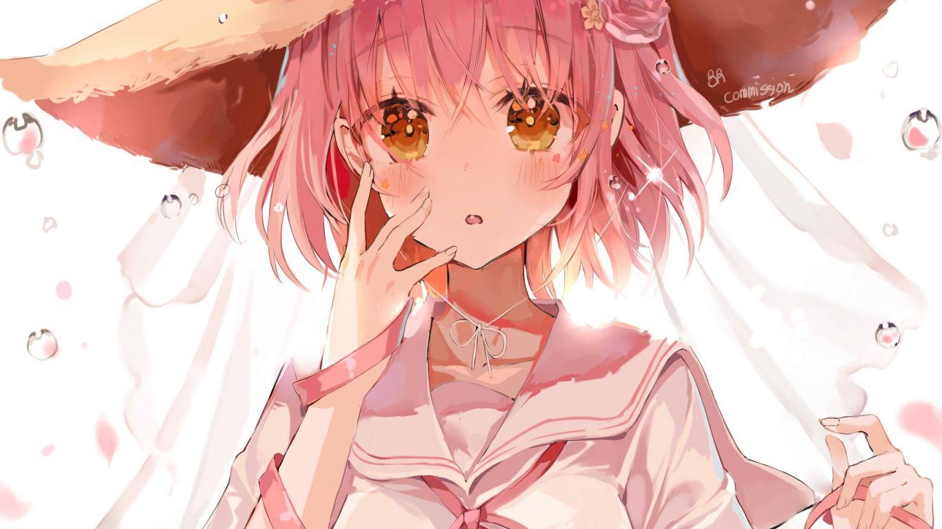 1366x768 Download Curious, cute anime, girl, yellow eyes, art wallpaper, 1366x Tablet, laptop