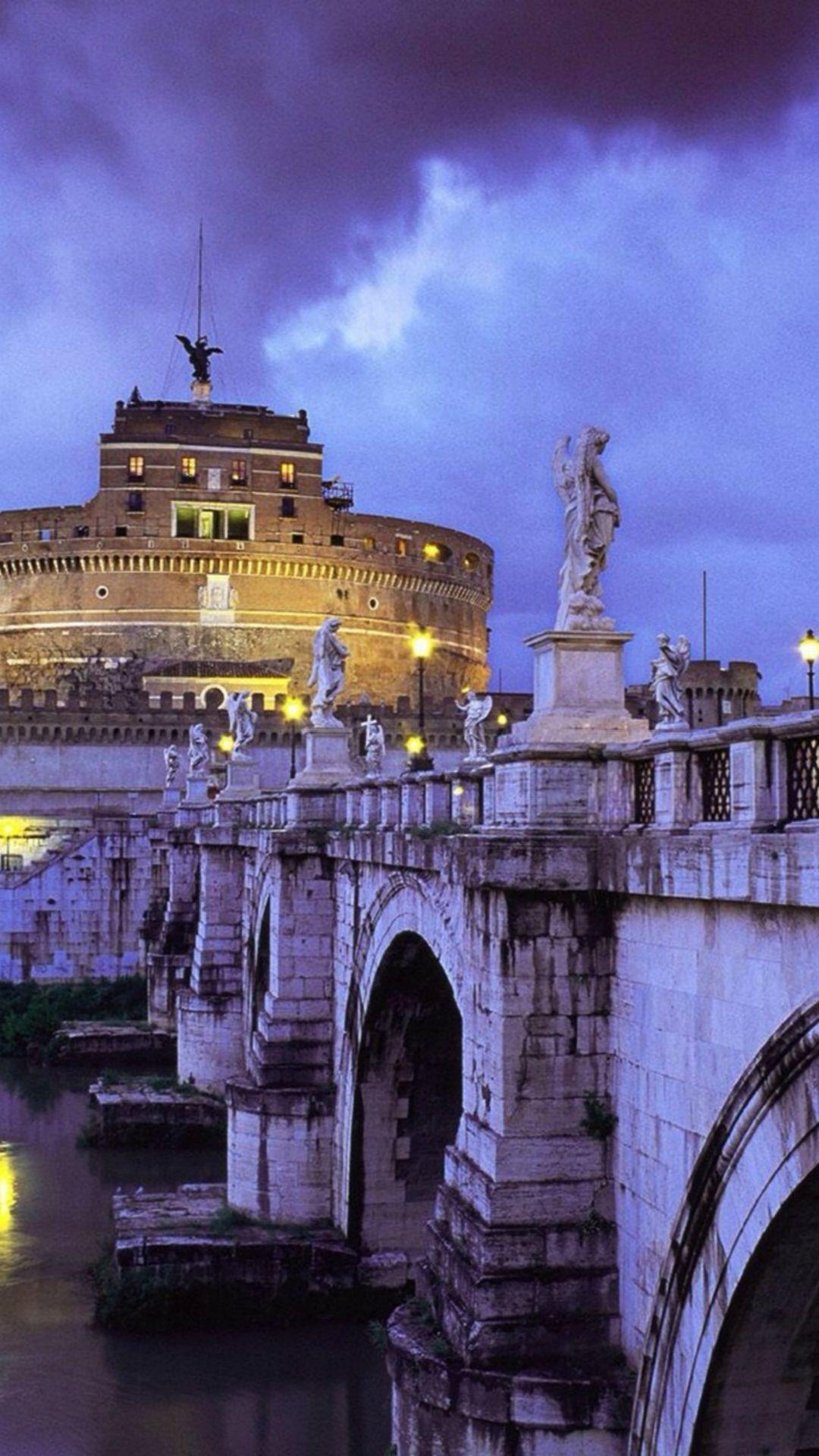 1080x1920 Night Retro Palace House Long Stone Bridge Architecture iPhone 6 Wallpaper Download. iPhone Wallpaper, iP. Places to travel, Castel sant'angelo, Places to visit