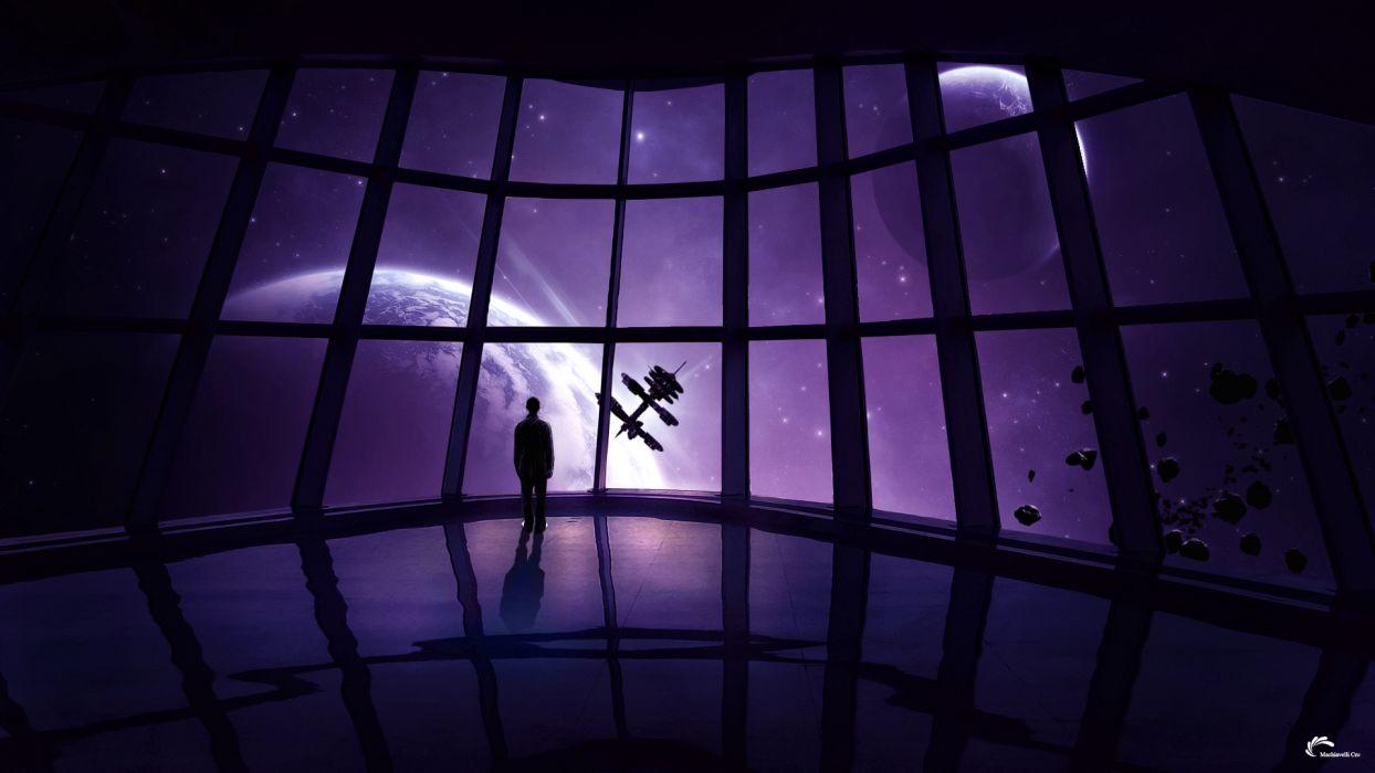 1244x700 Sci fi science fiction art artistic spaceship spacecraft window people satellite planets moon stars purple dark futuristic glass wallpaperx1080