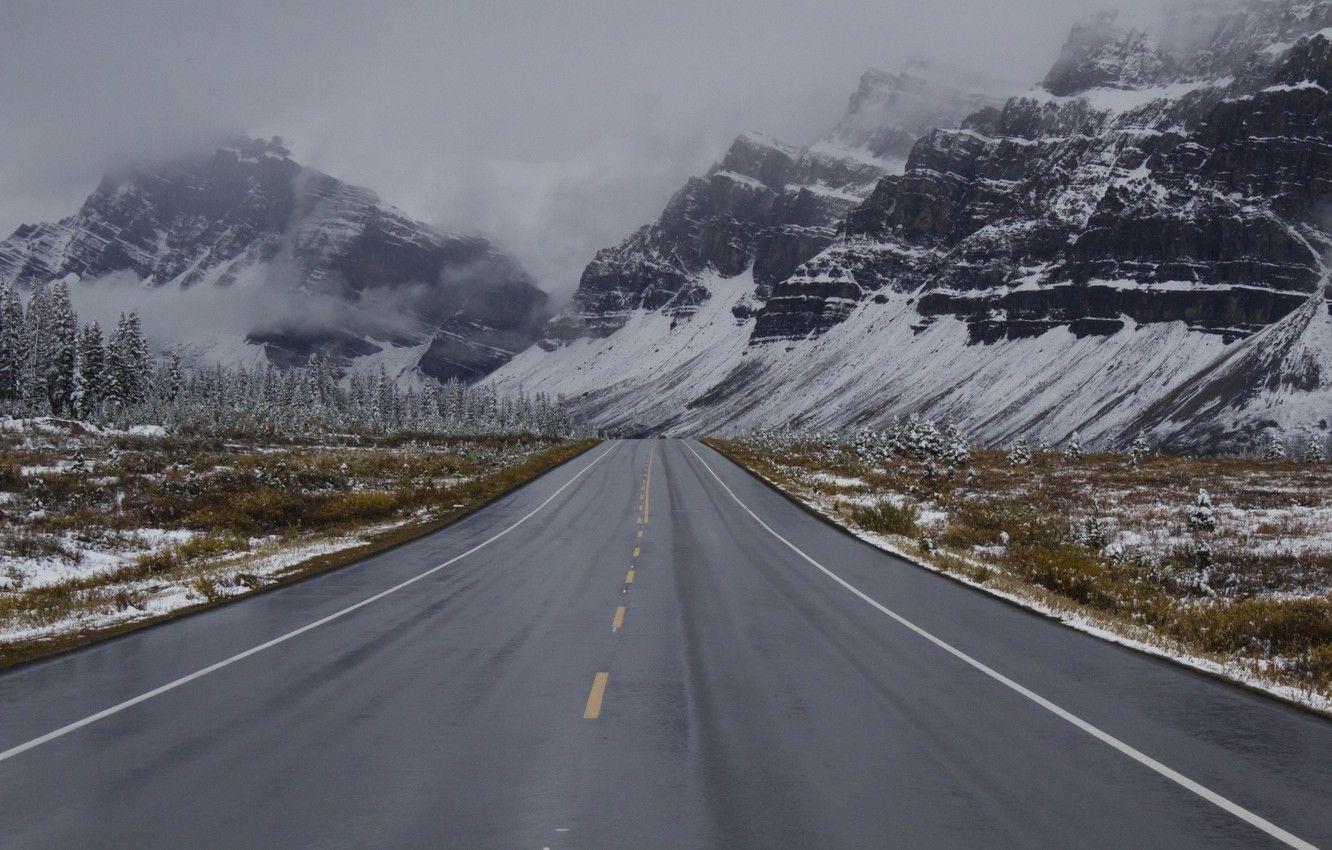 1332x850 Wallpaper winter, road, clouds, snow, mountains, rainy image for desktop, section пейзажи