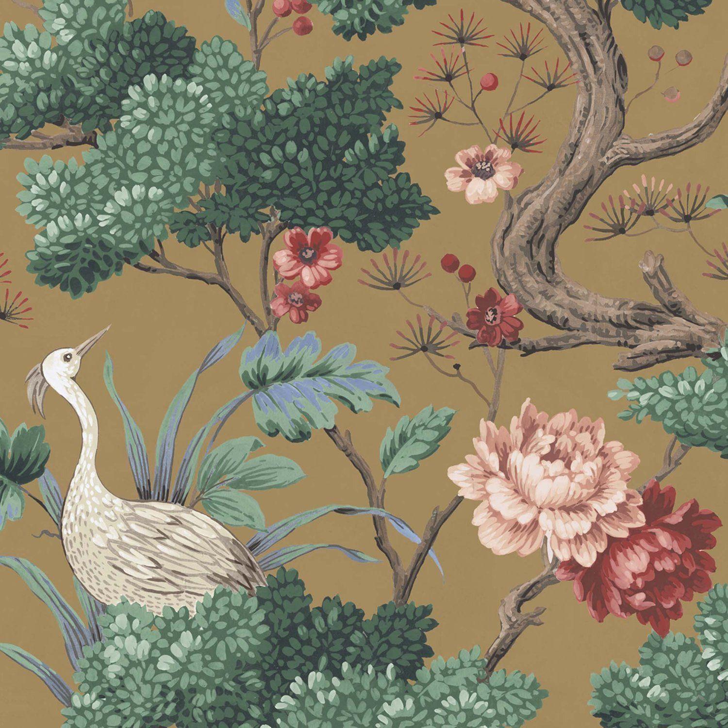 1500x1500 Crane Bird In Mustard Wallpaper by Woodchip & Magnolia