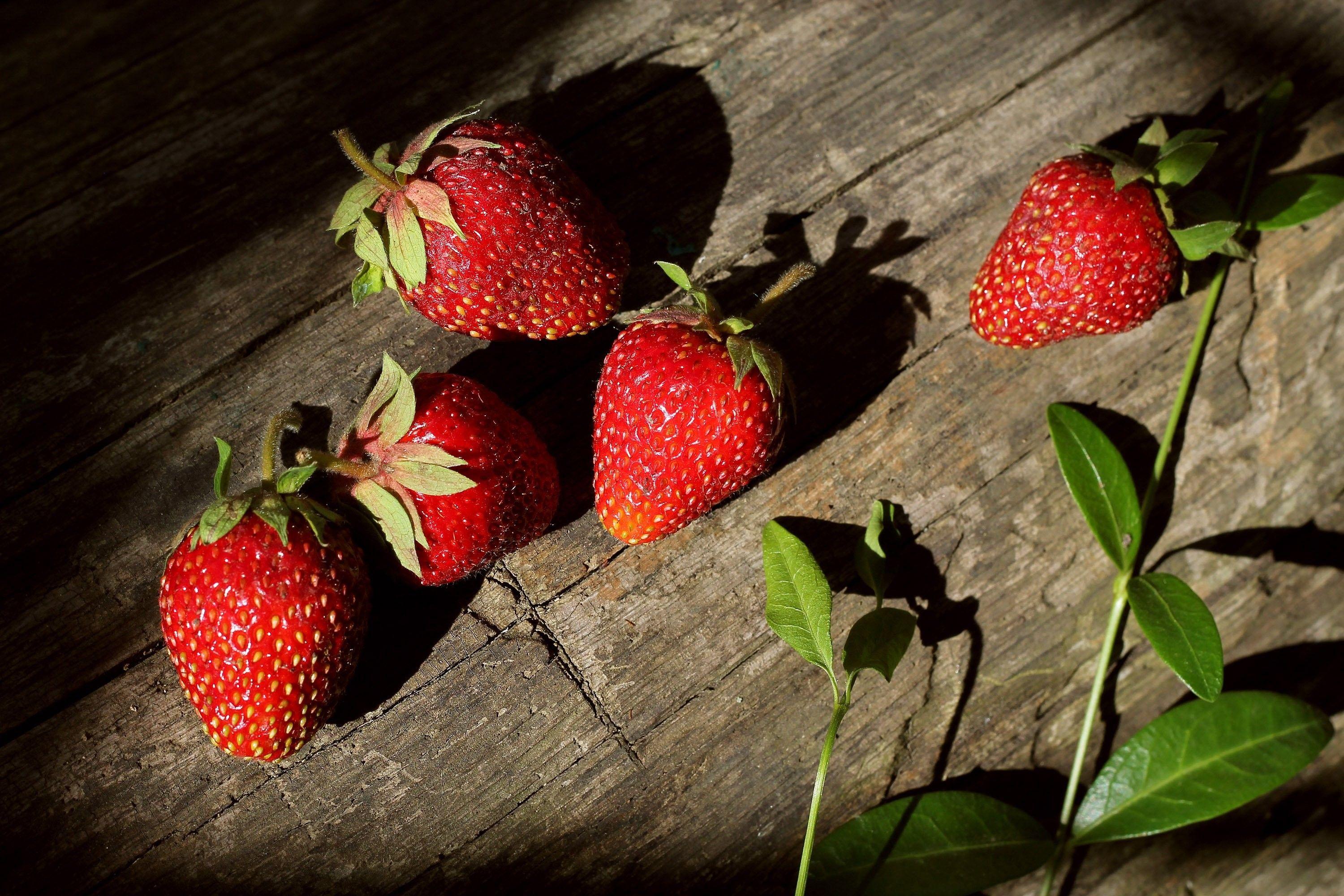 3000x2000 Fruits: Tasty Wood Berries Strawberry Delicious Log Summer Sunlight