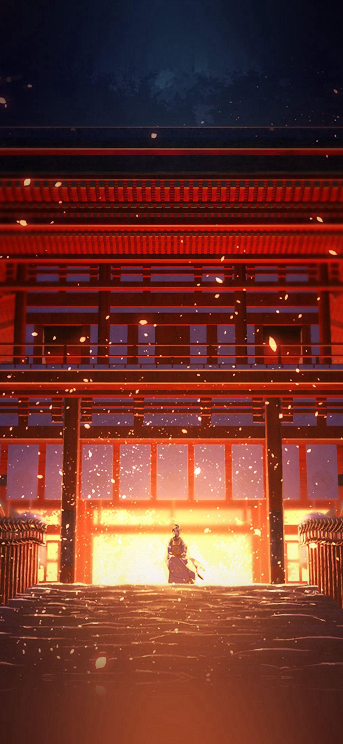 1125x2436 Anime Painting Temple Red Art Illustration iPhone X Wallpaper Free Download