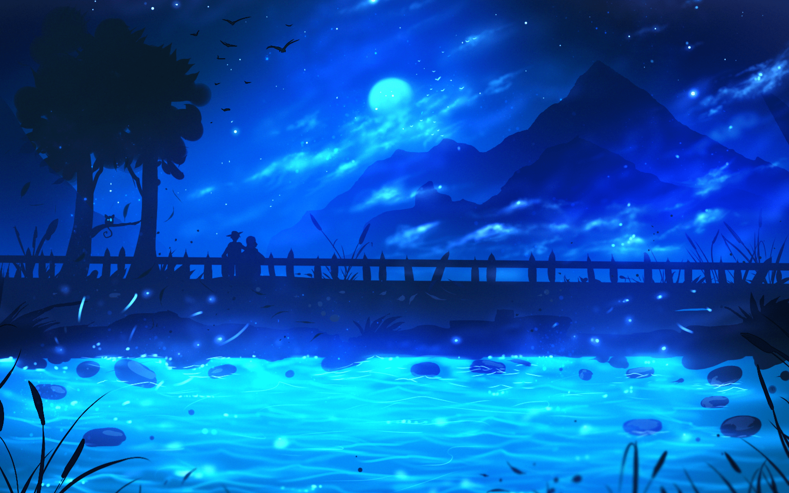 2560x1600 Download 2560x1600 Fantasy World, Blue Theme, River, Moon, Mountains, Landscape, Crows Wallpaper for MacBook Pro 13 inch