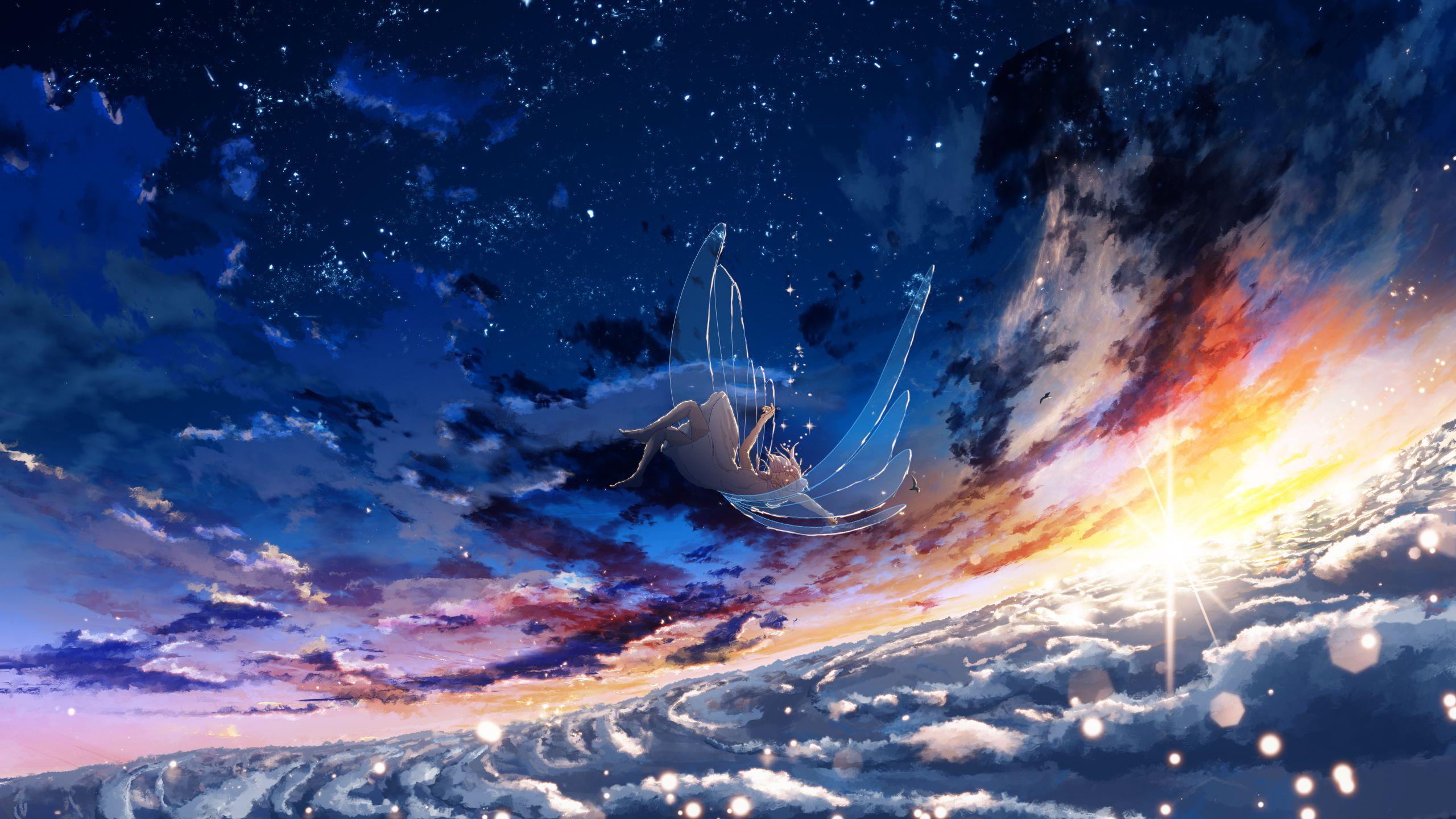 2560x1440 anime, anime girls, sky, clouds, sunlight, blue, wingsx1440 Wallpaper