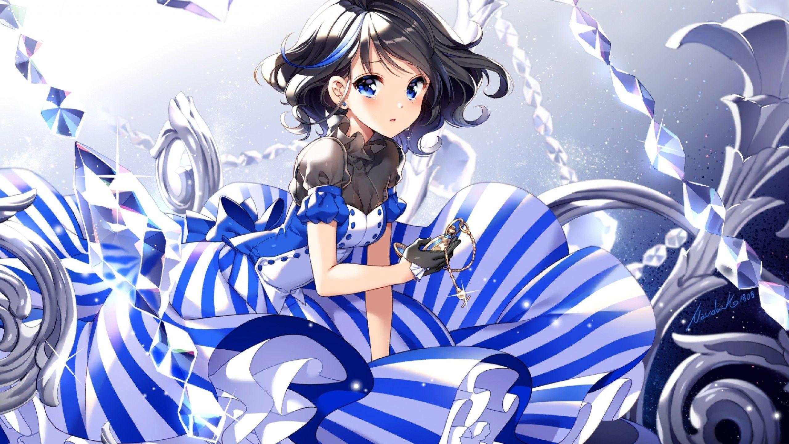 2560x1440 Download 2560x1440 Anime Girl, Crying, Tears, Blue Dress, Blue Eyes, Black Hair, Short Hair Wallpaper for iMac 27 inch