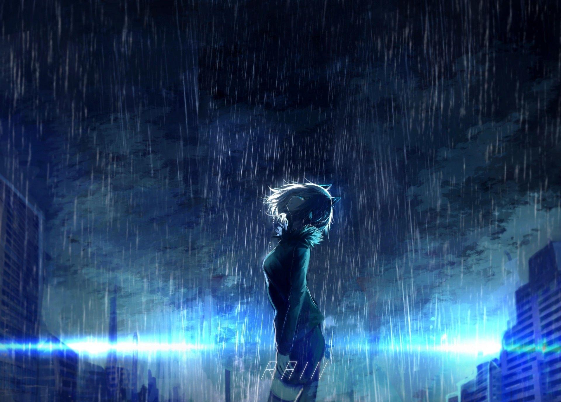 1920x1377 Download 1920x1377 Anime Girl, Scenic, Raining, Animal Ears, Profile View, Night, Dark Theme Wallpaper
