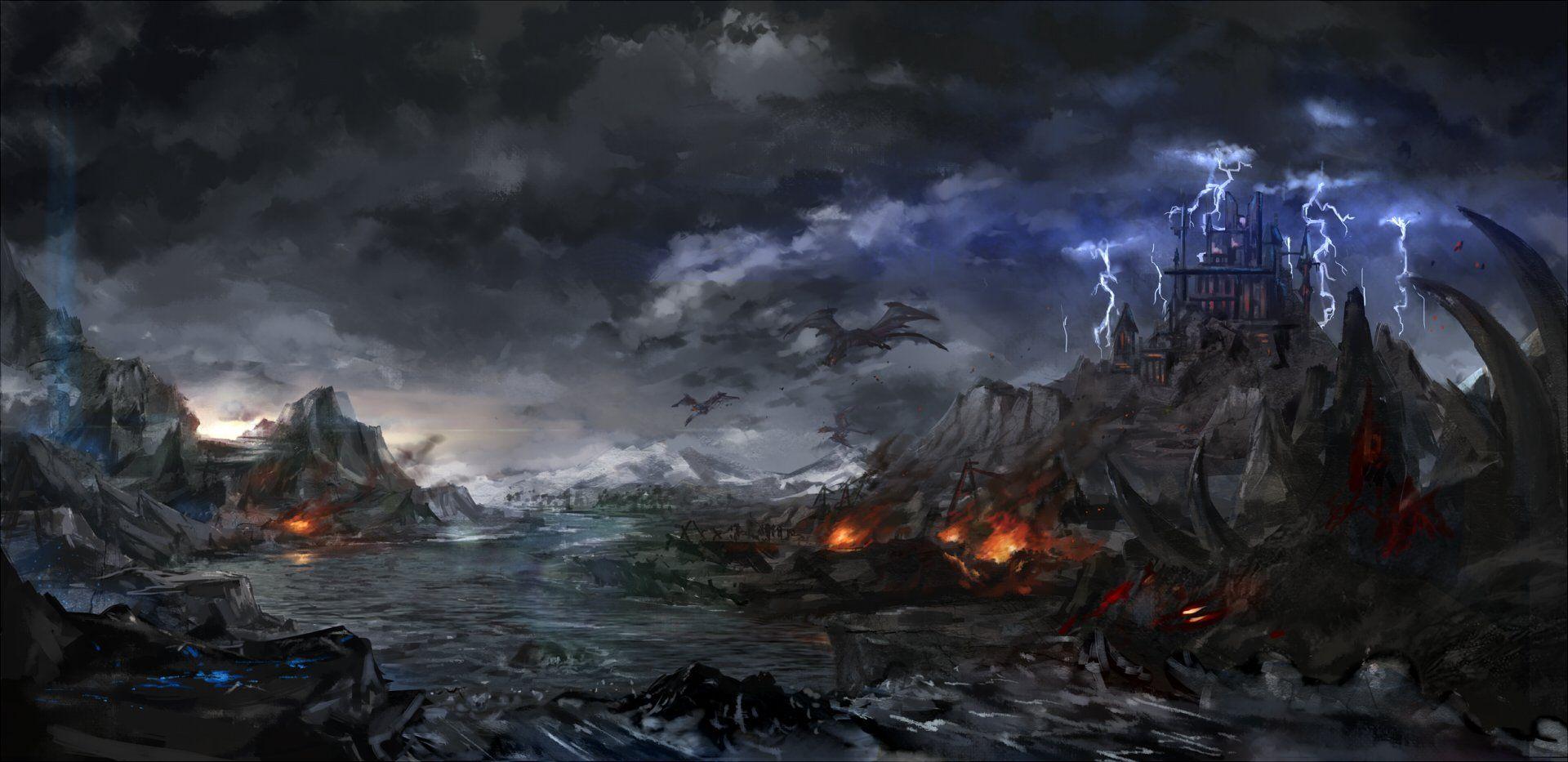 1920x933 clouds, C, Z, , Dark, Landscape, Pixiv, Fantasia, Scenic, Sky, Water Wallpaper HD / Desktop and Mobile Background