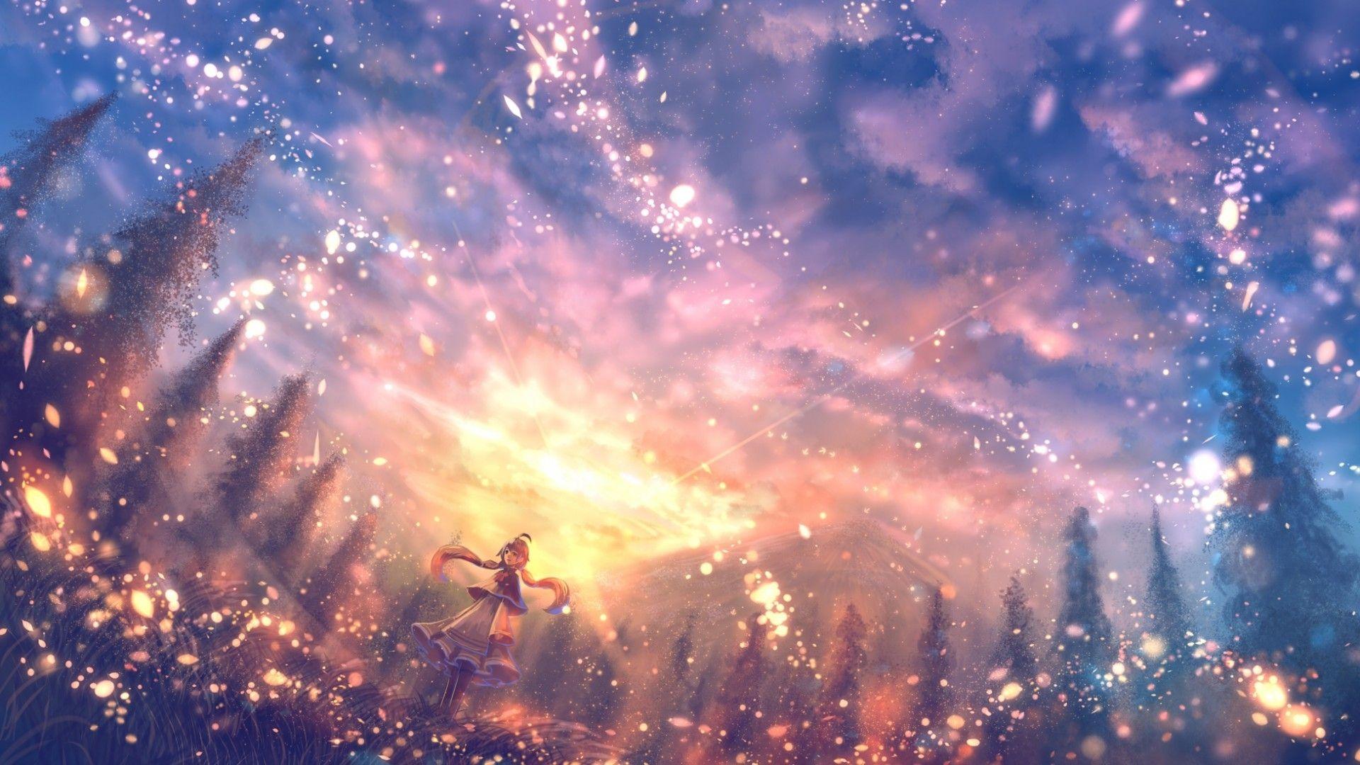 1920x1080 Anime Landscape, Particles, Scenic, Pretty, Beautiful, Anime Landscape HD Wallpaper