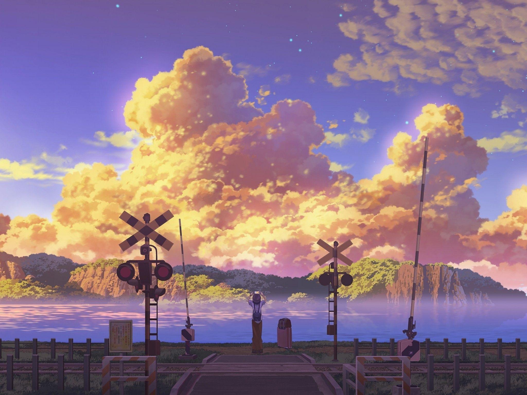 2048x1536 Download 2048x1536 Anime Boy, Sunset, Train Station, Scenic, Clouds Wallpaper for Ainol Novo 9 Spark
