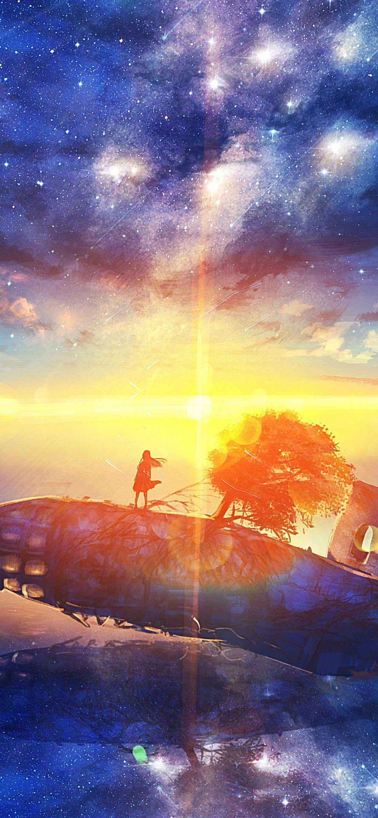 1242x2688 Sunrise, Anime, Scenery, Horizon, Stars, 4k