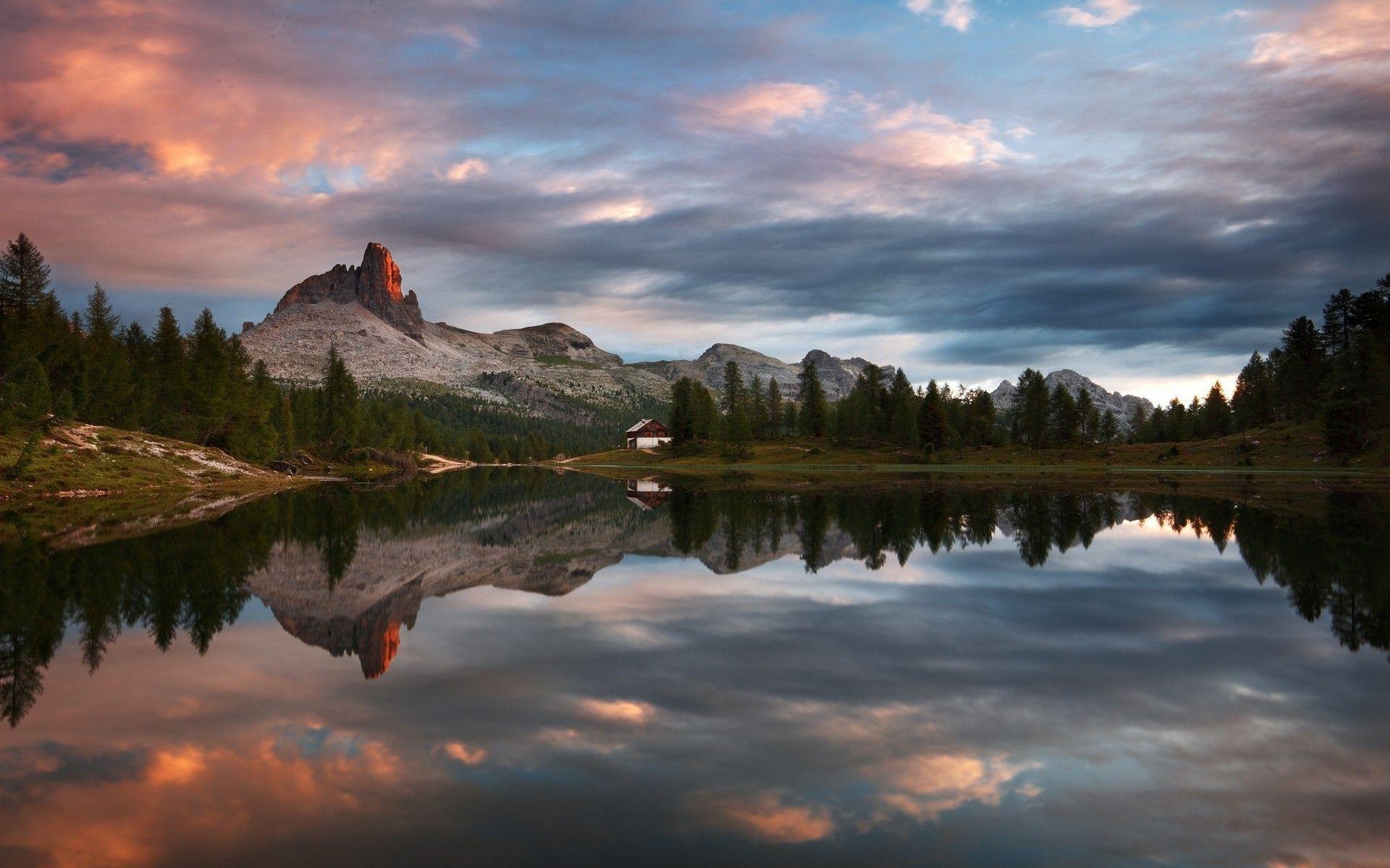 1920x1200 nature landscape sunset mountain lake forest cabin clouds summer reflection water wallpaper. Nature. Tokkoro.com Amazing HD Wallpaper