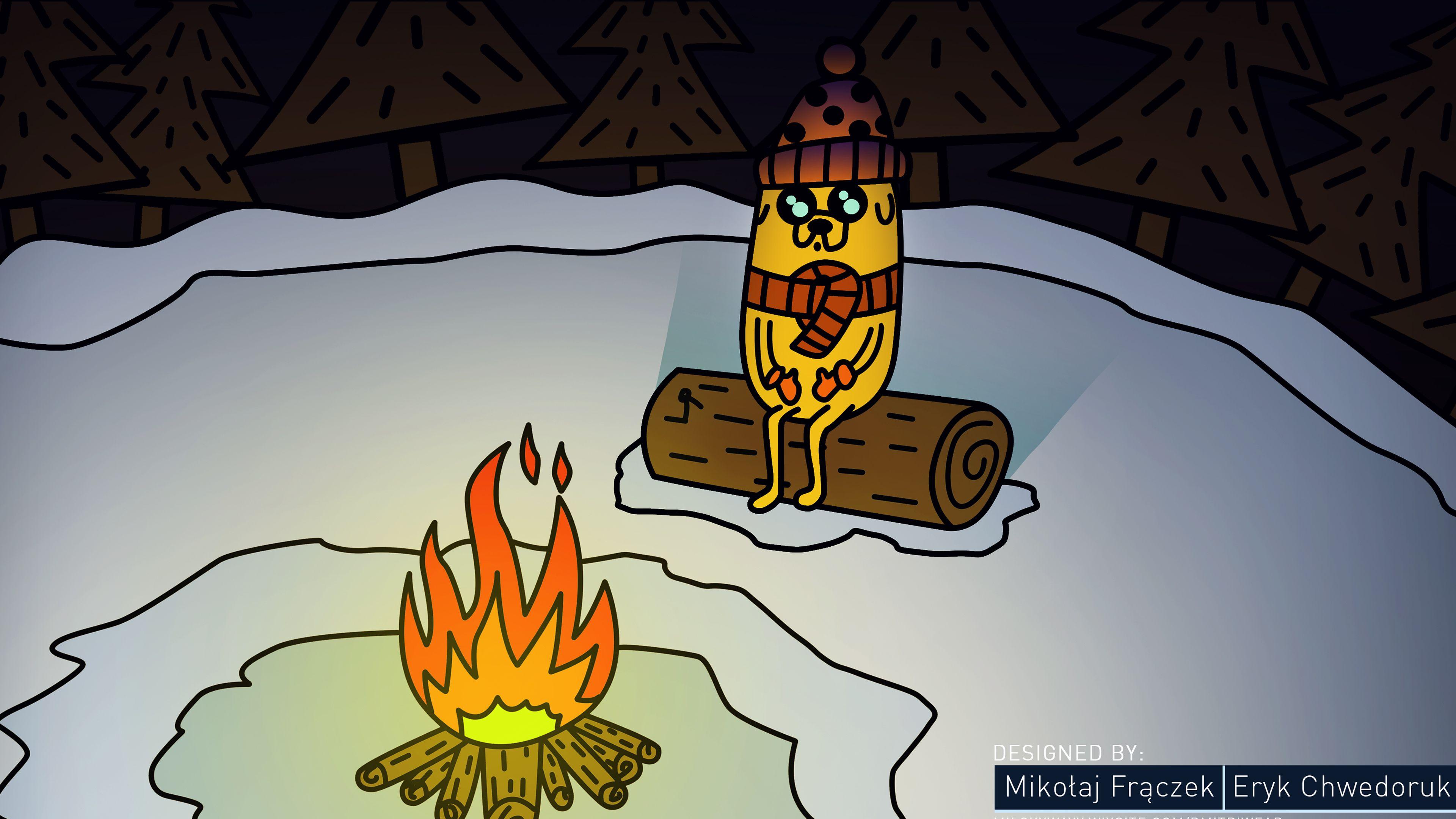 3840x2160 Camp Fire Dog Forest Ice Jake Snow Winter 4K HD Adventure Time Wallpaper
