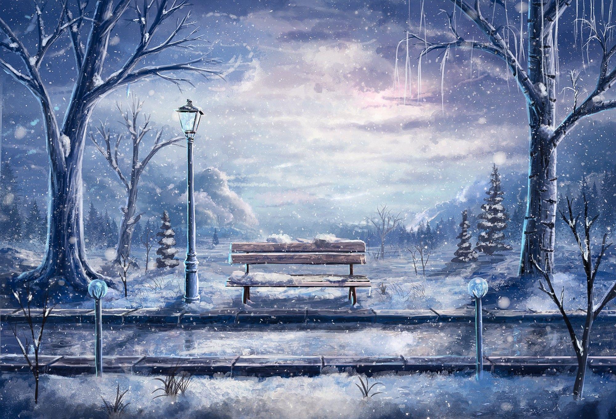 2000x1361 #road, #Sylar, #snow, #winter, #artwork, #bench, #street light, wallpaper