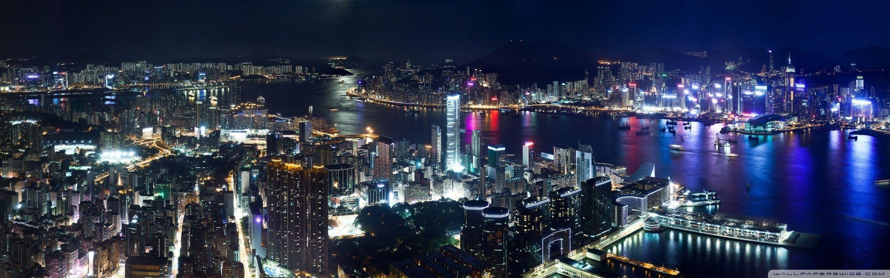 2880x900 Hong Kong Night Panorama ❤ 4K HD Desktop Wallpaper for 4K Ultra HD