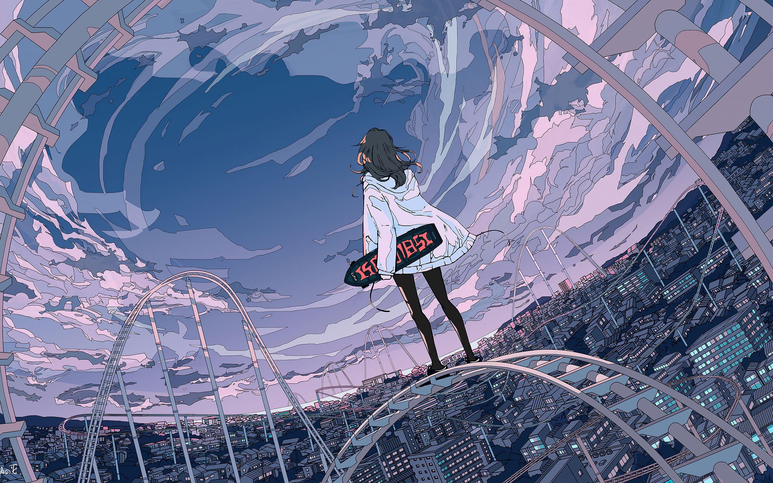2560x1600 Skyline Anime Girl Skateboard 5k 2560x1600 Resolution HD 4k Wallpaper, Image, Background, Photo and Picture