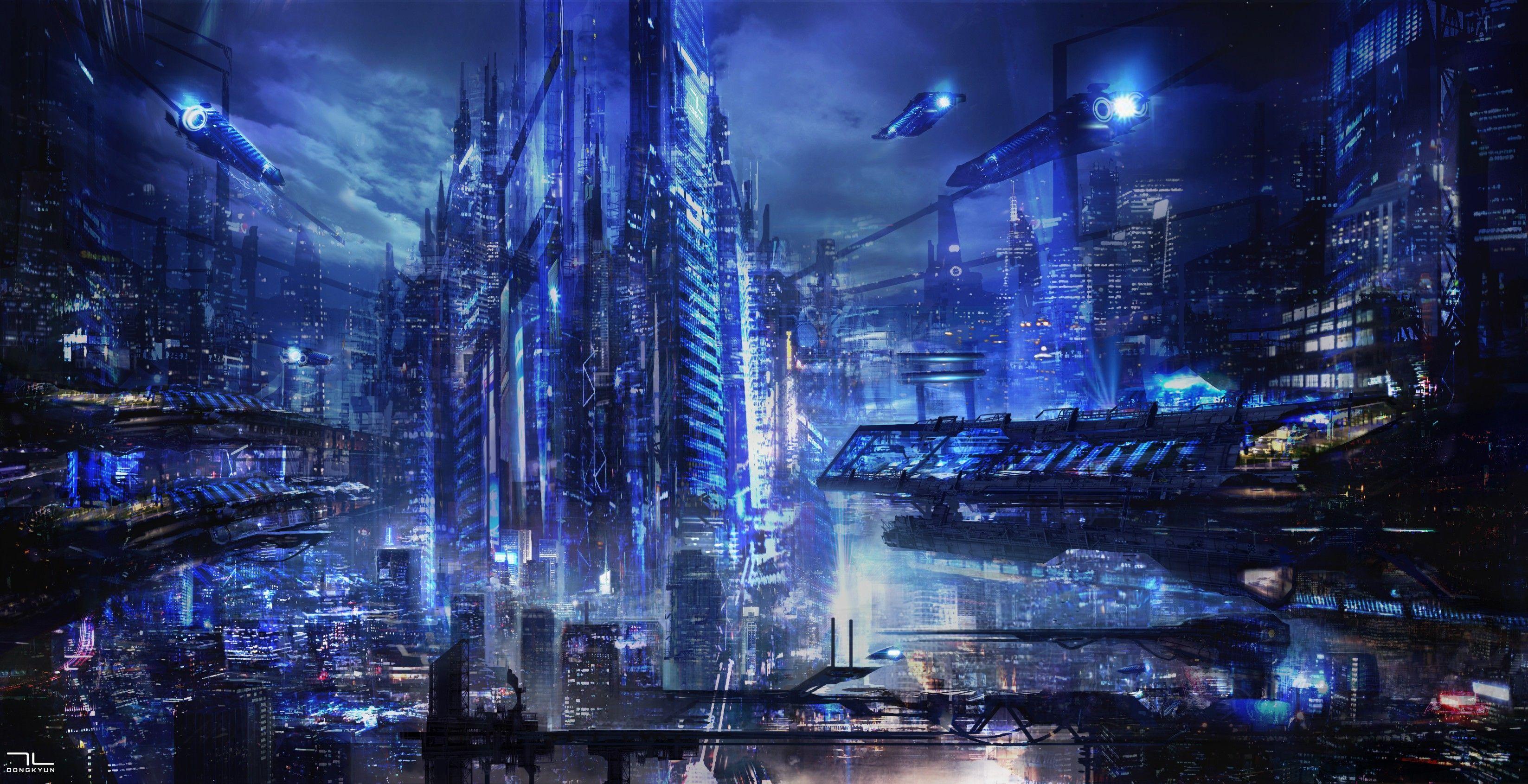 Hình nền đêm thành phố tương lai 3294x1691