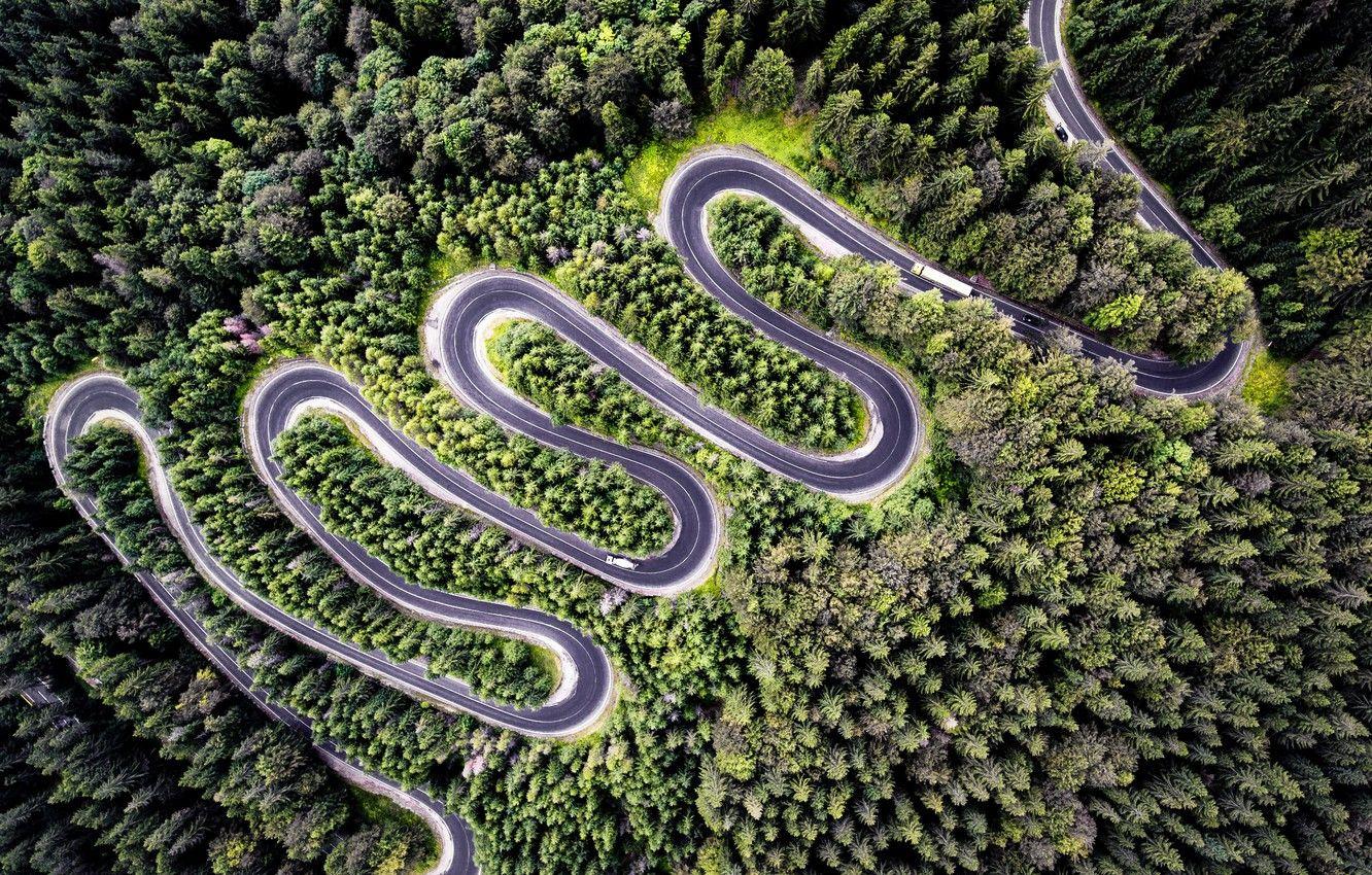 1332x850 Wallpaper road, forest, drone image for desktop, section природа