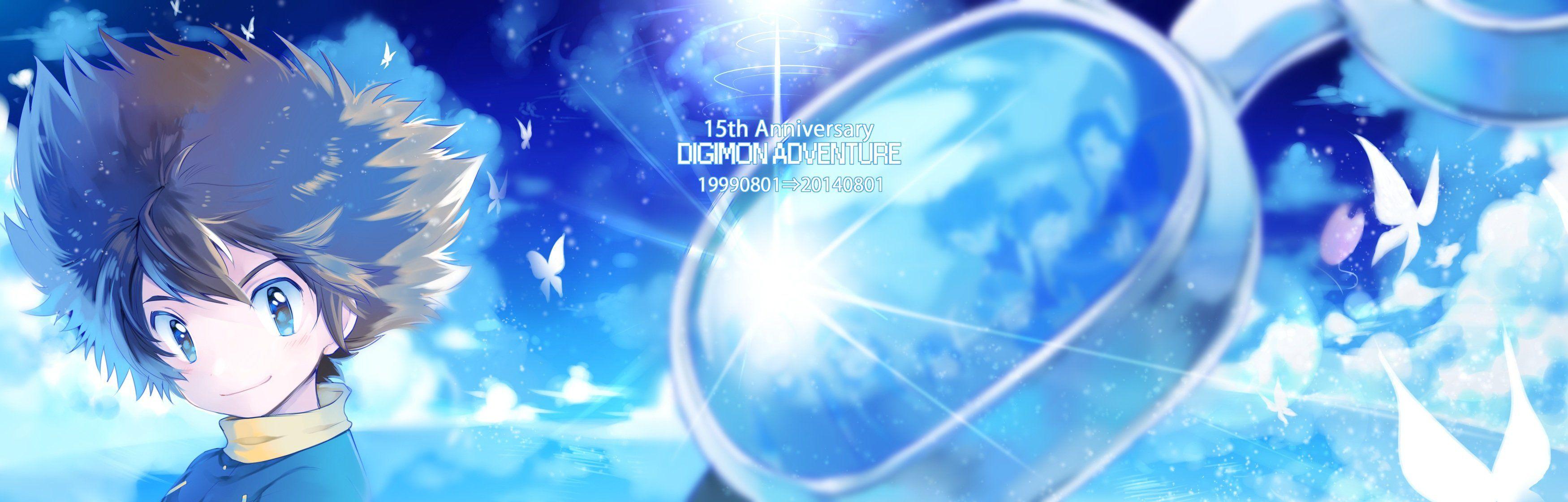 3500x1120 butterfly, Clouds, Digimon, Dualscreen, Goggles, Male, Nijuu, miyukiyo, Sky, Yagami, Taichi Wallpaper HD / Desktop and Mobile Background